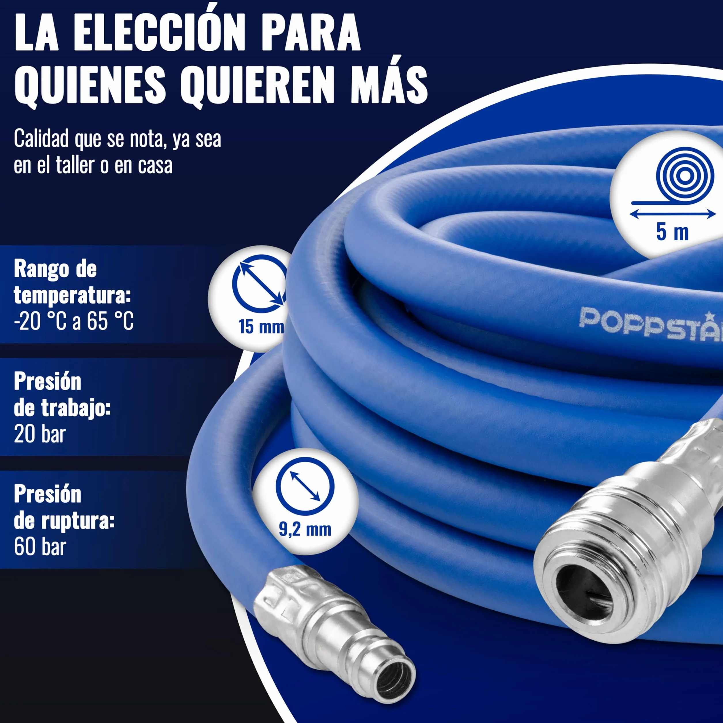 Poppstar Manguera Compresor Aire 5m (PVC híbrido con tejido, diámetro interior 9,2mm con acoplamiento rápido y conector de manguera), hasta 20 bar, azul