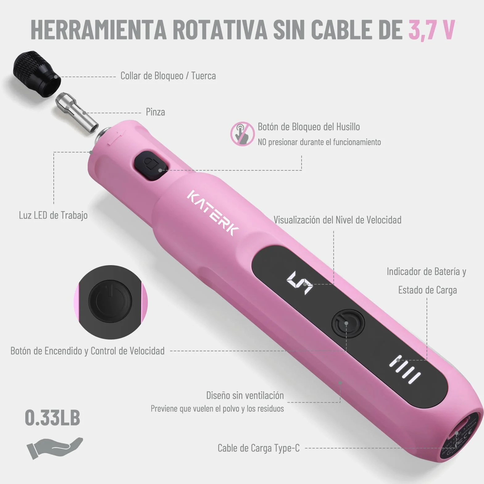 Katerk Kit de Herramientas de Amoladora, 5 Velocidades Herramienta Rotativa, 5000-20000RPM, Batería 2500mAh, 3.7V Mini Amoladora Eléctrica con 70 Accesorios para Grabar,Taladrar,Cortar, Esmerilar-Rosa