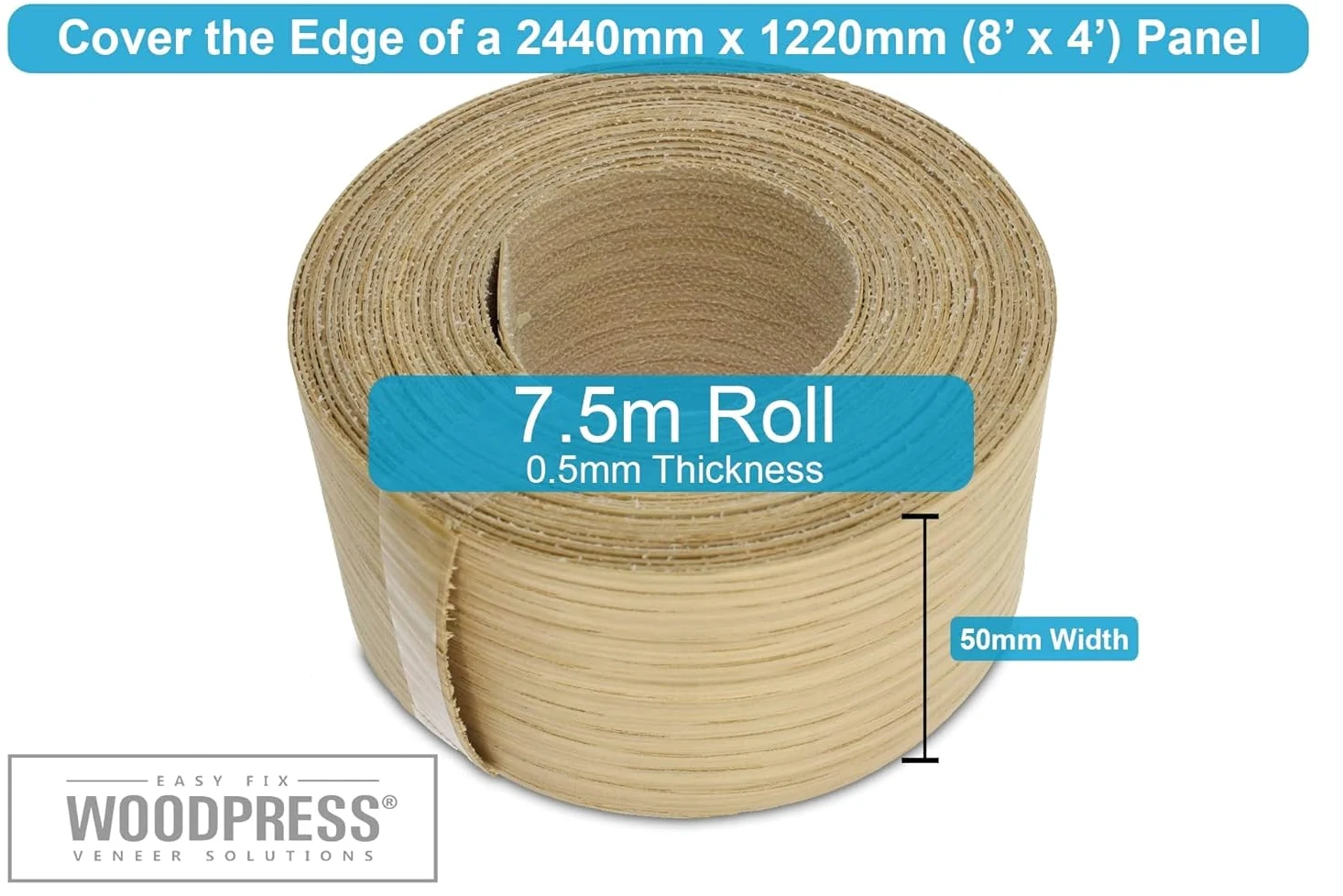 Borde termoadhesivo de roble real de 50 mm - Rollo de 7,5 m - Cinta de chapa de madera prepegada para una fácil aplicación de bricolaje - Cubrirá el borde de un panel de MDF estándar