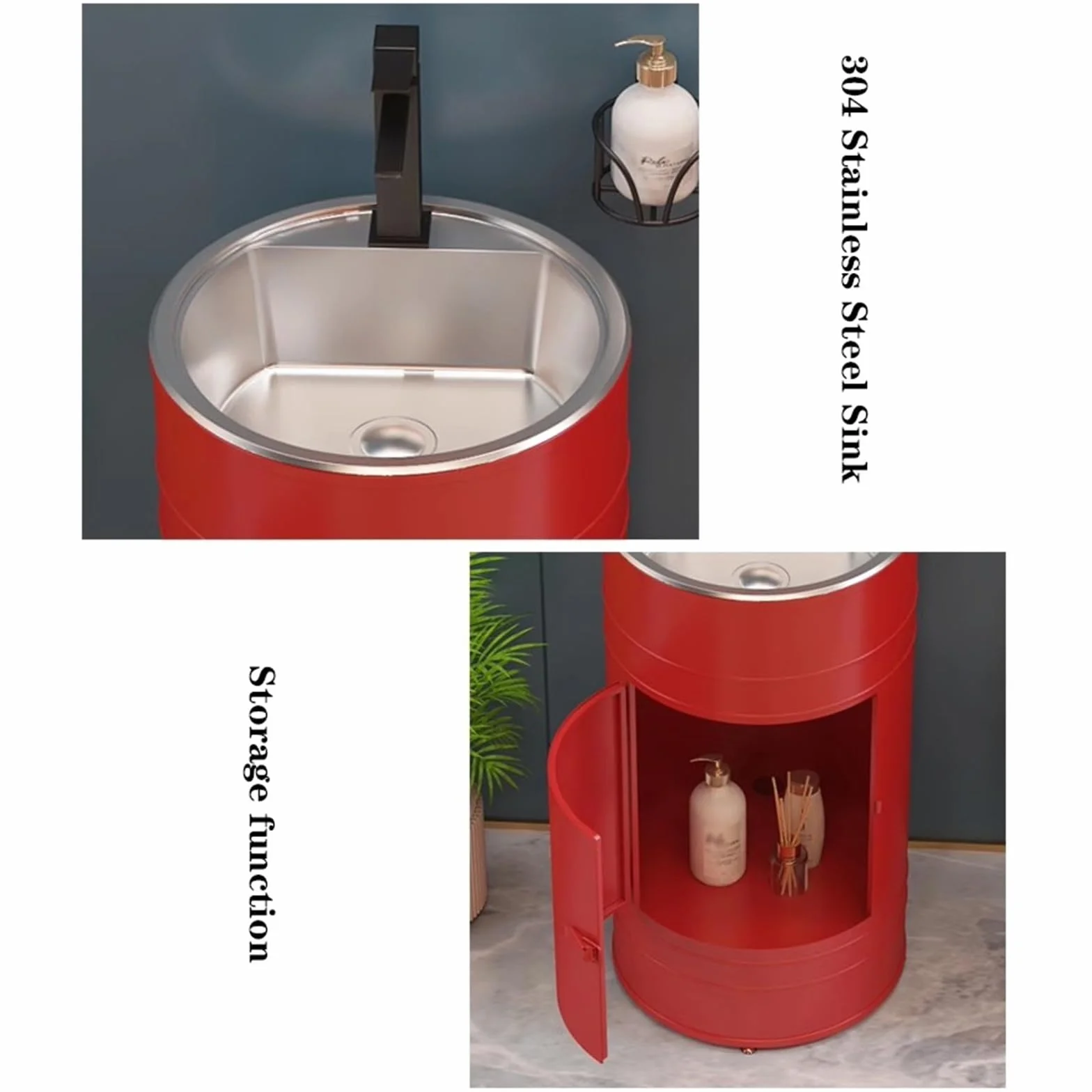 Fregadero de baño de columna redonda con fregadero de acero inoxidable, fregadero de baño independiente, fregadero de baño creativo de metal con grifo, kit de drenaje independiente (rojo, C)