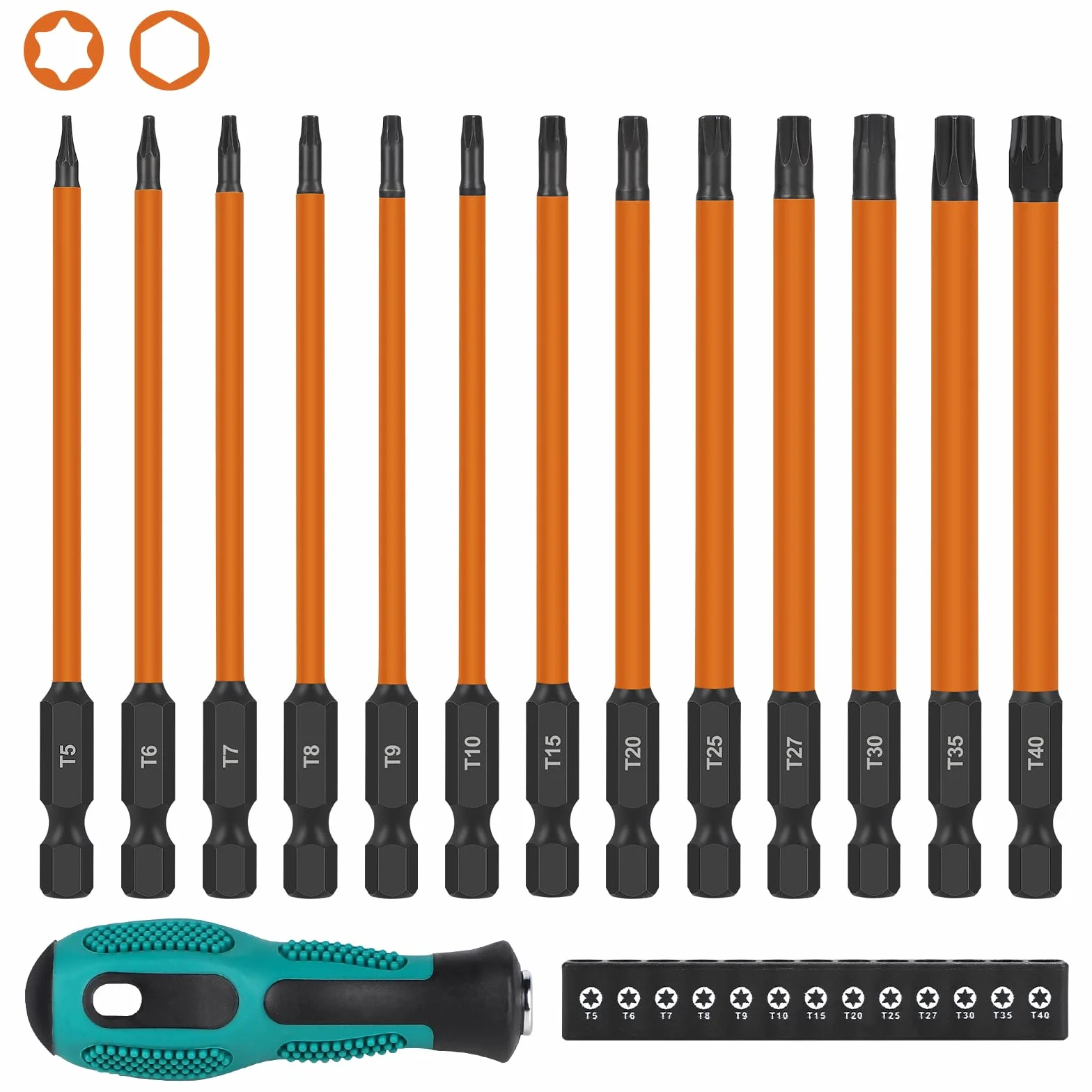 EFUTURETIME Juego de Destornilladores Torx 100mm, T5 T6 T7 T8 T9 T10 T15 T20 T25 T27 T30 T35 T40, 13pcs Destornilladores Torx Largos Magnético con Atornillador Manual, Acero S2