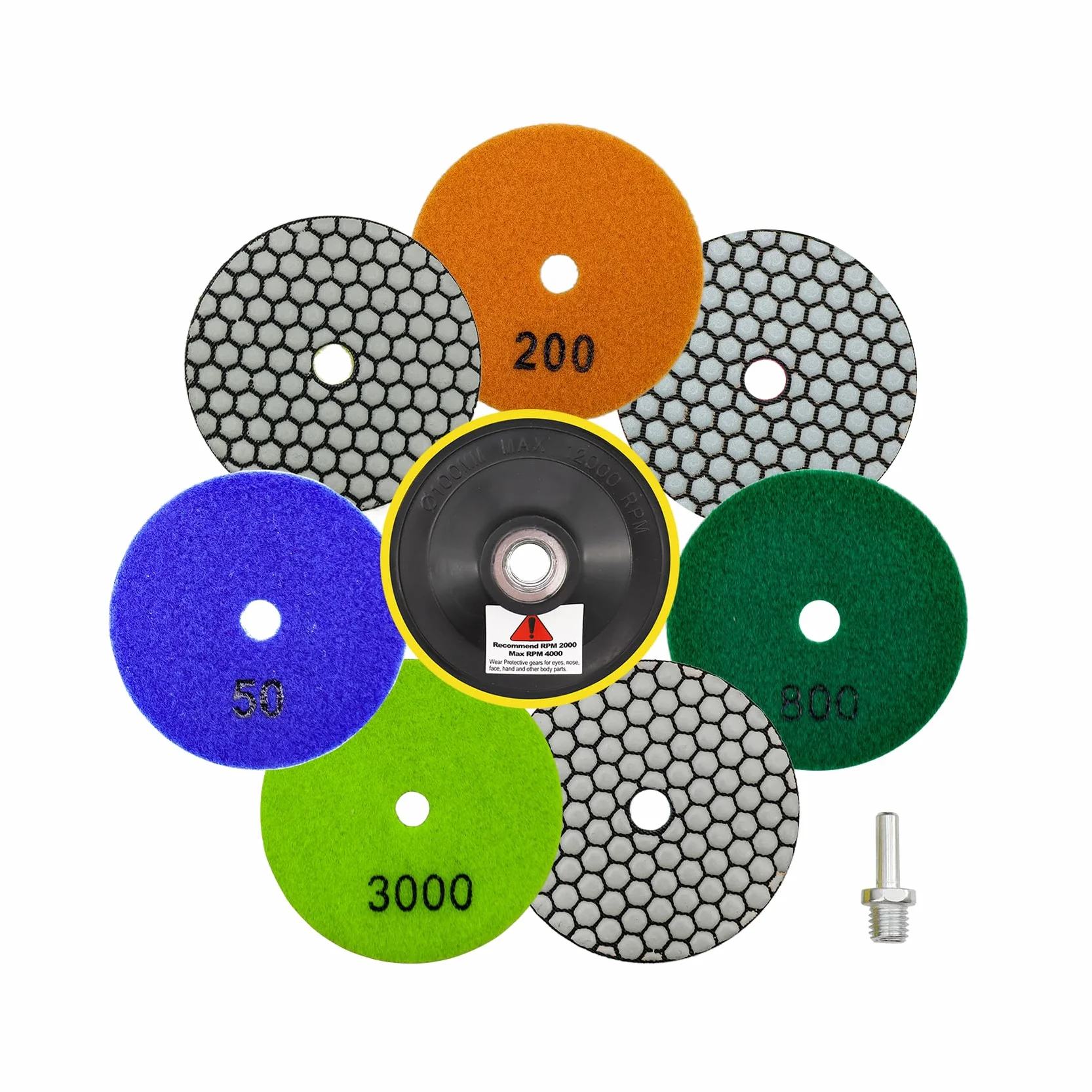 Almohadillas de Pulido de Diamante 9 Piezas - 100mm Discos (Grano 50/100/200/400/800/1500/3000), 1 Pieza Plato de Soporte, 1 Pieza Aadaptador para Pulir Mármol Granito Cuarzo Piedra en Seco