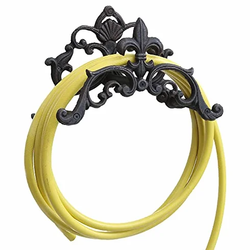 Soporte de pared de hierro fundido para manguera, diseño de lirio, 28 x 18 x 14 cm, soporte para manguera de jardín, metal antiguo