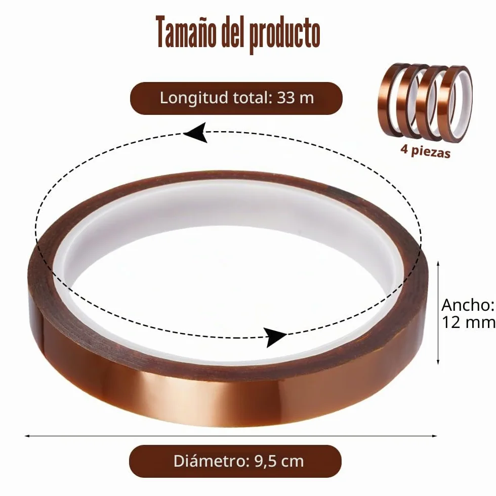 4 Rollos Cinta Termica Sublimacion,12mm x 33m Cinta Adhesiva de Poliimida,3D Cinta de Transferencia Térmica,Cinta Resistentes alta Temperatura al Calor,Para Enmascarar,Soldar,Sublimación (Marrón)