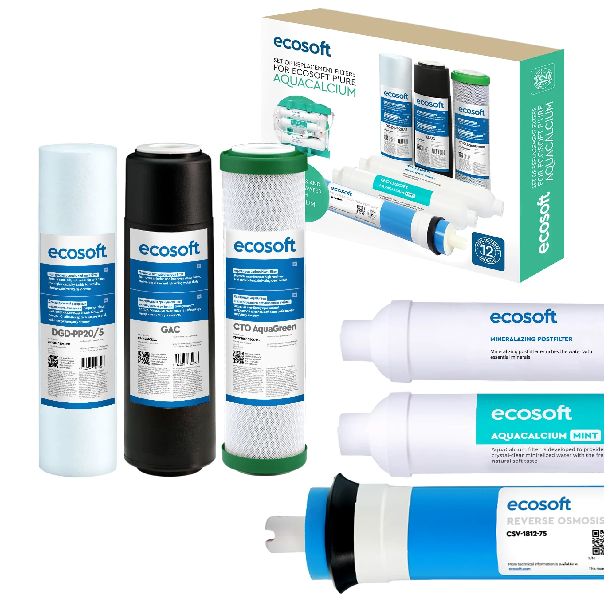 Ecosoft PURE AquaCalcium Mint – Set de 6 filtros de repuesto para ósmosis inversa, membrana RO 75 GPD y remineralizador de calcio, cambio cada 12 meses