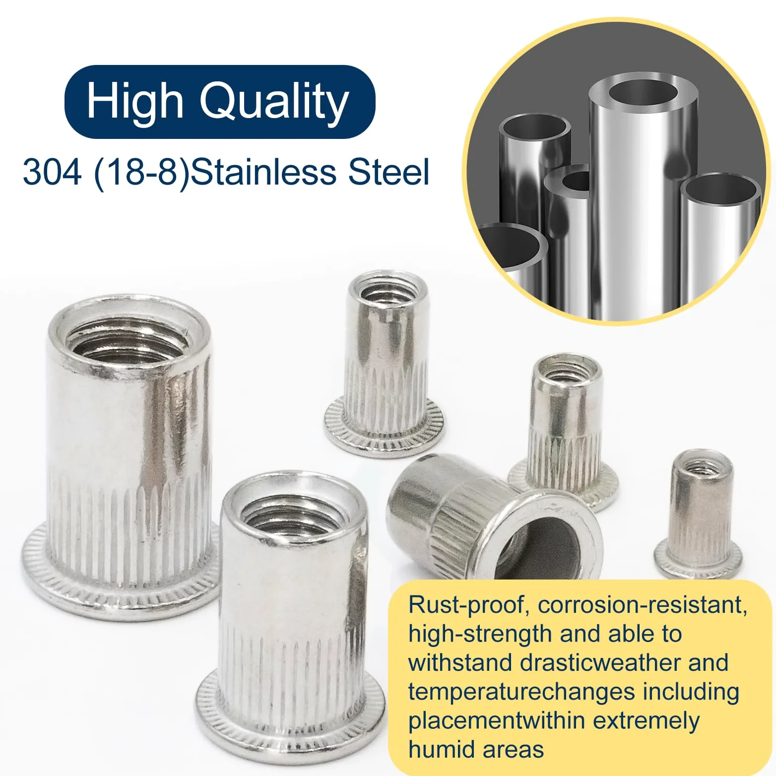 Kit surtido de tuercas remachables métricas de acero inoxidable 304 Vifmy (218 piezas): cabeza plana, M3, M4, M5, M6, M8, M10 Juego de tuercas remachables, tuercas roscadas insertables