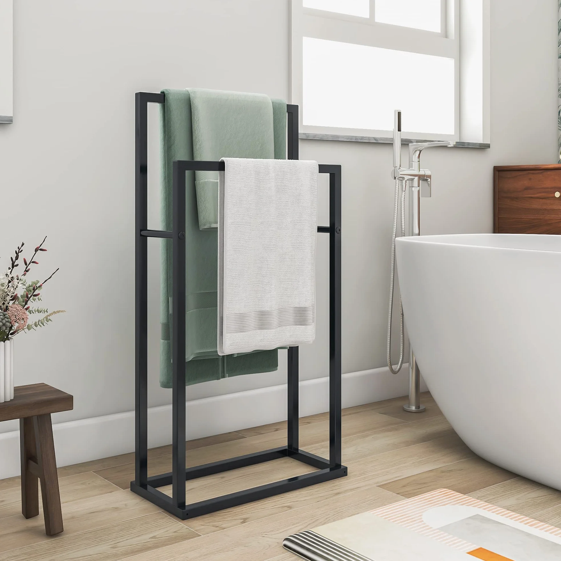 JELUTE Toallero de pie – Organizador de 2 Niveles para baño y Toallas, Accesorios de baño, Color Negro