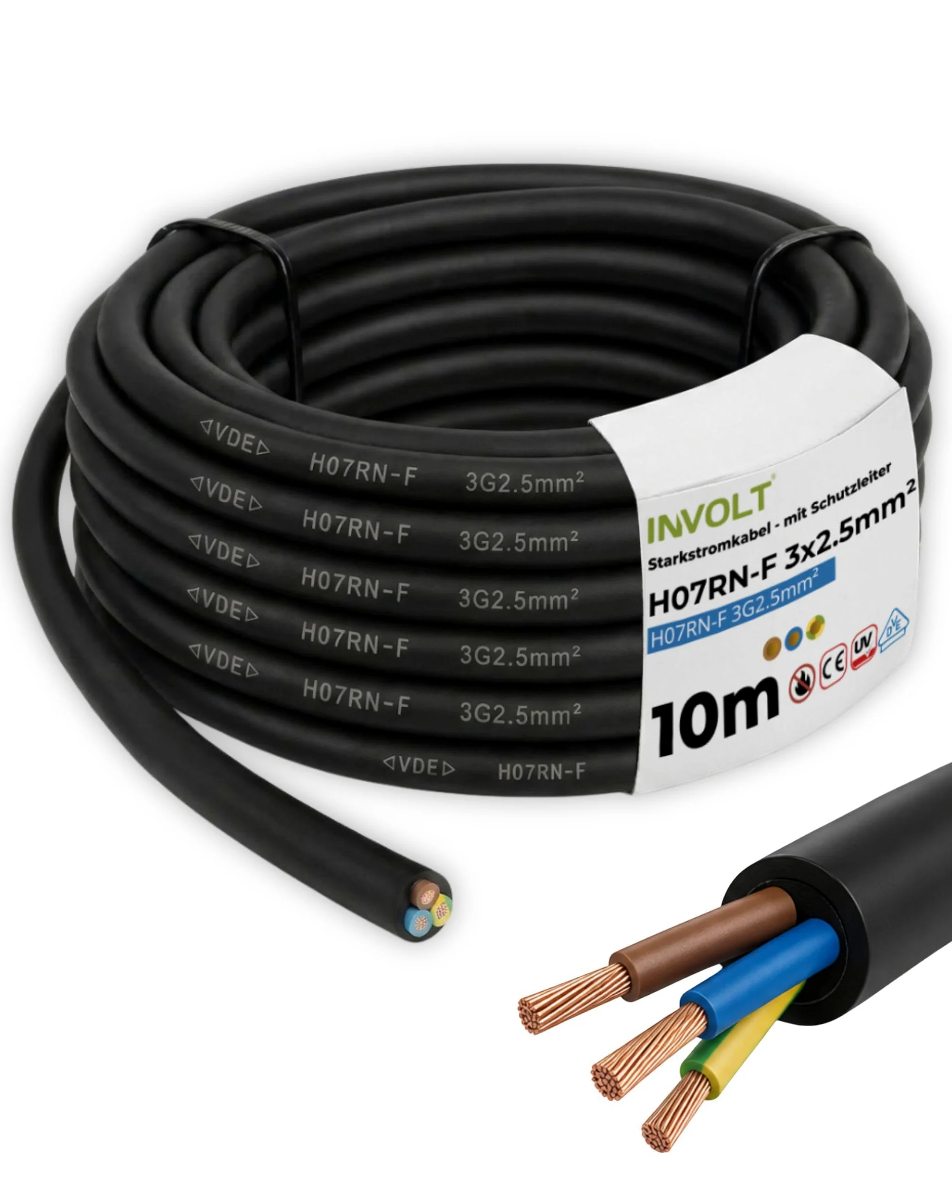 INVOLT Cable alargador CEE H07RN-F 3G2,5 mm², 10 m, cable de goma flexible con conductor de protección, para obras exteriores, certificado VDE