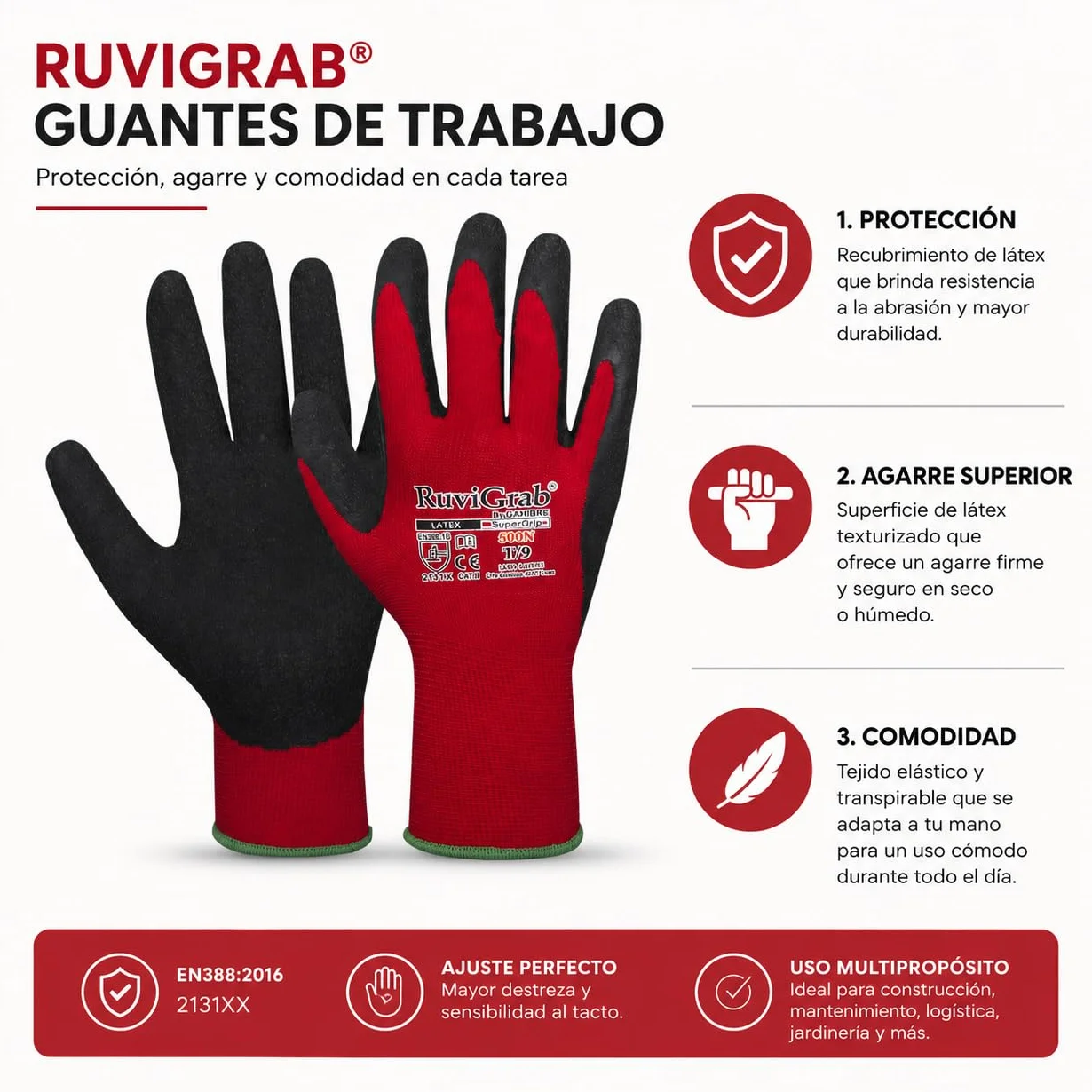 Guantes de Trabajo Látex Antideslizantes Ruvigrab para Jardinería, Construcción, Agricultura