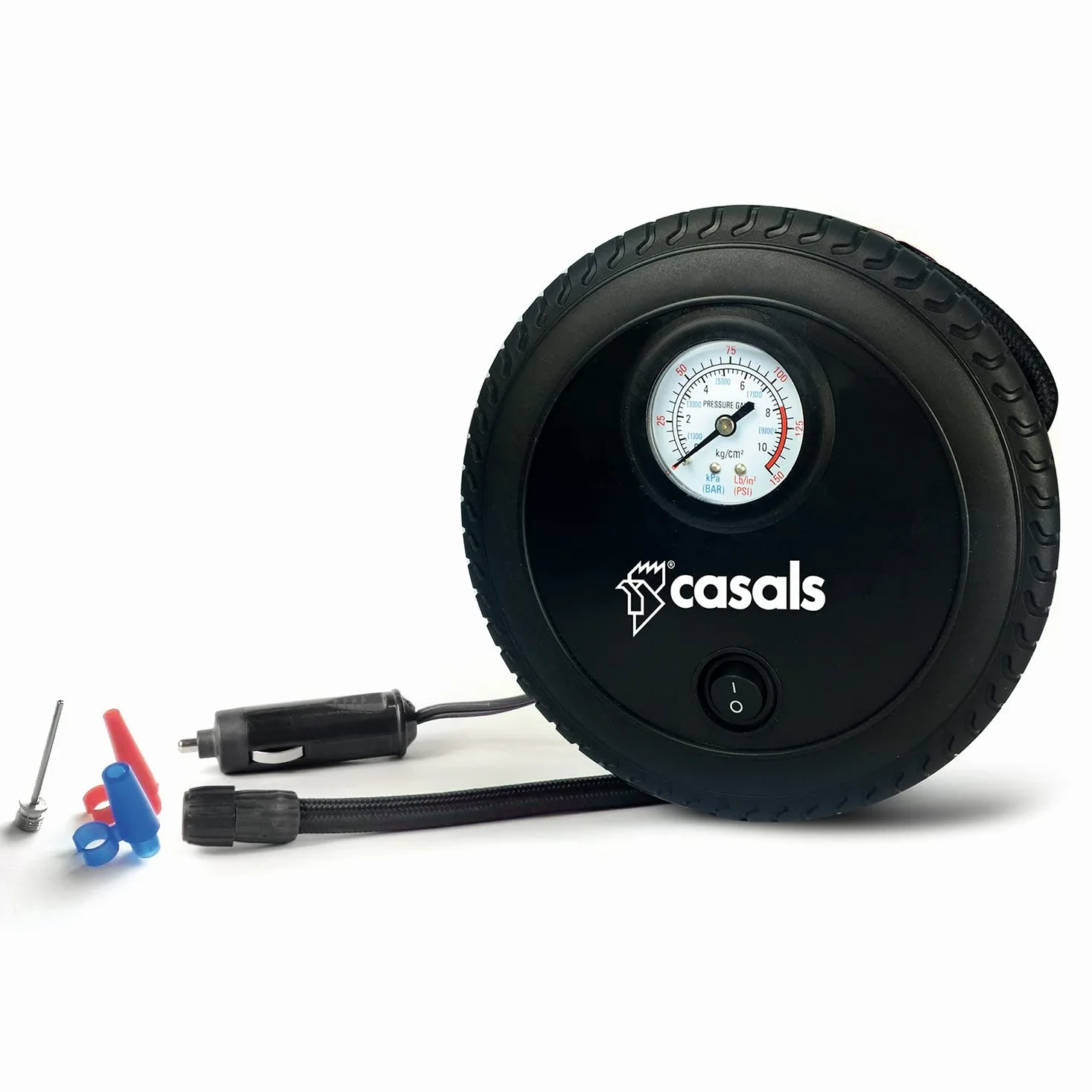 CASALS - Mini compresor de aire portátil de 12V y 260 psi | Bomba de aire portátil eléctrica de 40cm con manómetro | Hinchador eléctrico con cable de mechero de 3m | Accesorios para coche