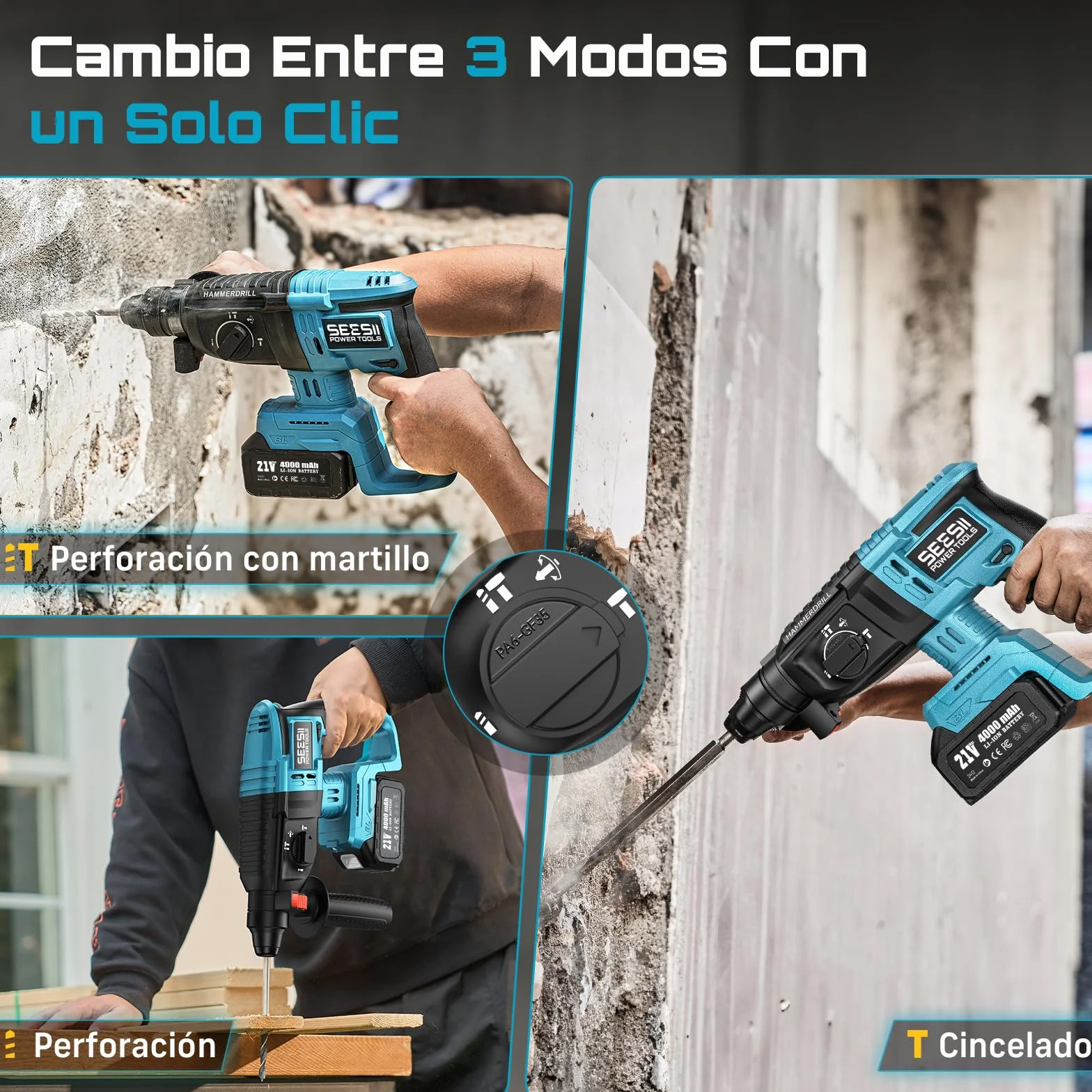 Seesii 3-in-1 Martillo Perforador a Baterías: 2,5J Potente Martillo Percutor sin cable con Motor sin escobillas, 2 * 4,0AH Baterías y Cargador, 5 piezas SDS-plus, Mango Antivibración, Para Bricolaje