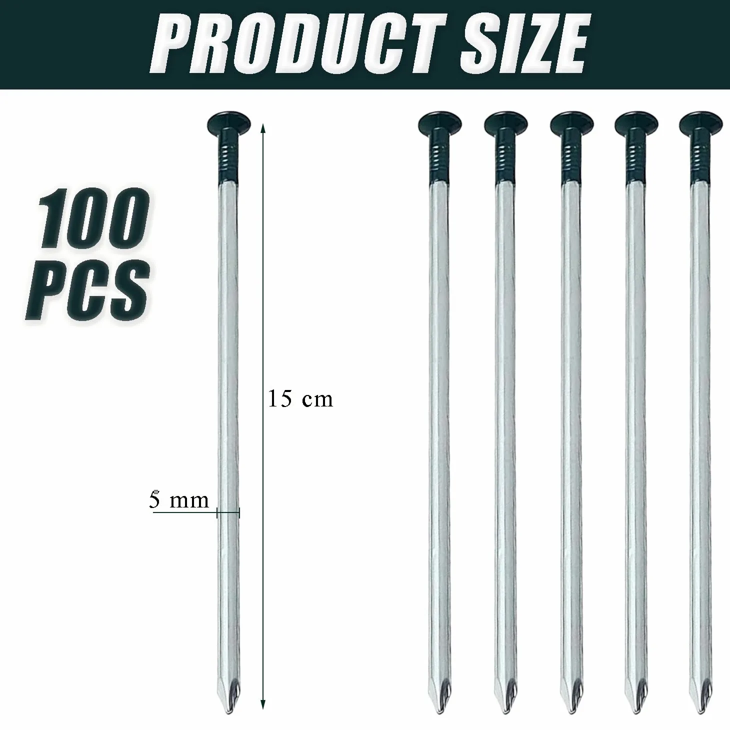 100 uñas de césped artificial resistentes, 5 mm x 150 mm, cabeza redonda, galvanizadas, uñas de césped artificial de jardín, para suelo duro o pedregoso