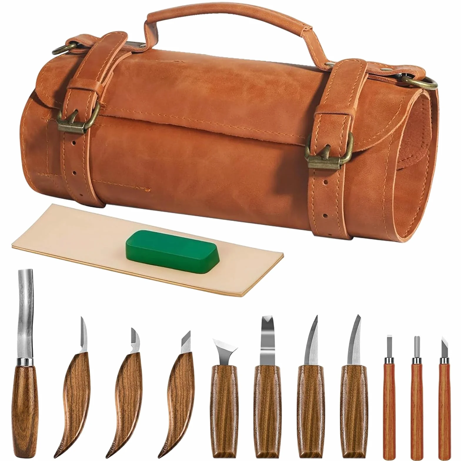 Set de herramientas de tallado en madera, de 14 piezas, con bolsa de almacenamiento de cuero, con 8 cuchillos de tallado y 3 cuchillos de tallado de detalle y piedra de afilar y cuero de asentado para