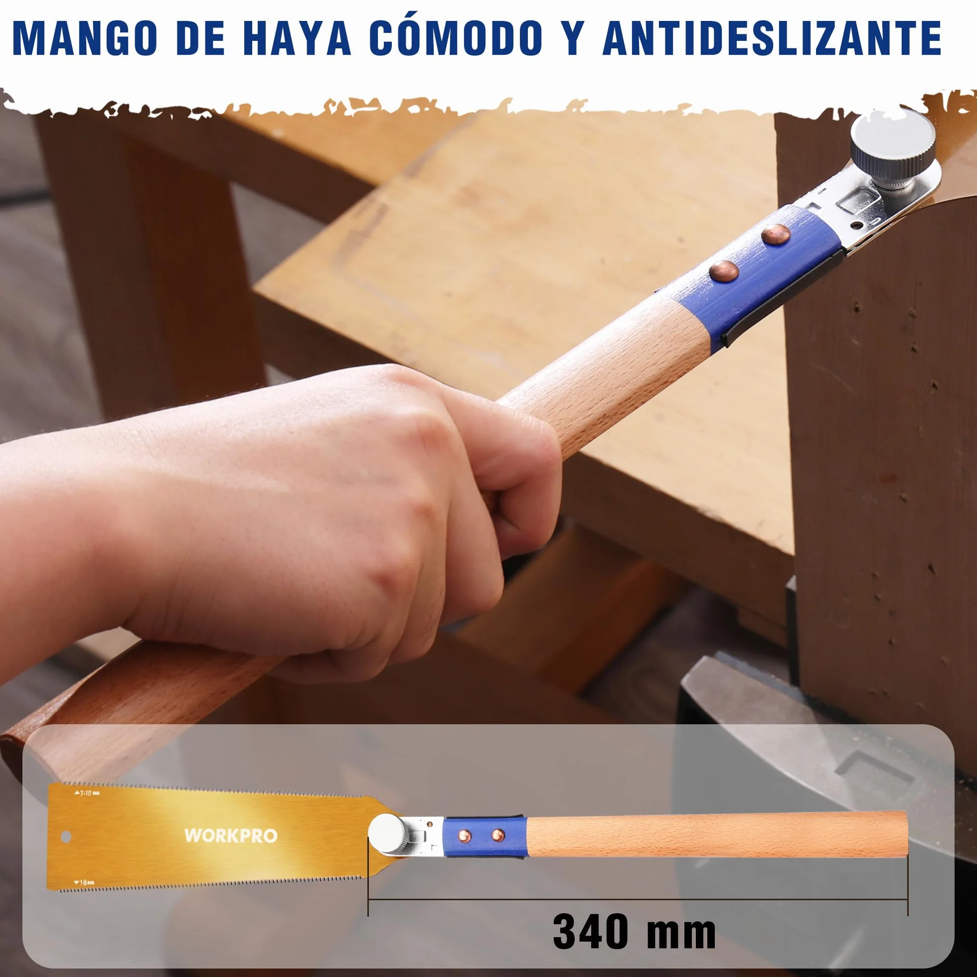 WORKPRO Sierra Japonesa de 250 mm, Sierra de Doble Filo 18TPI/7-10TPI, Hoja SK5 Flexible y Reemplazable, Sierra Madera con Mango Ergonómico de Haya, Perfecta para Carpintería y Trabajos de Madera
