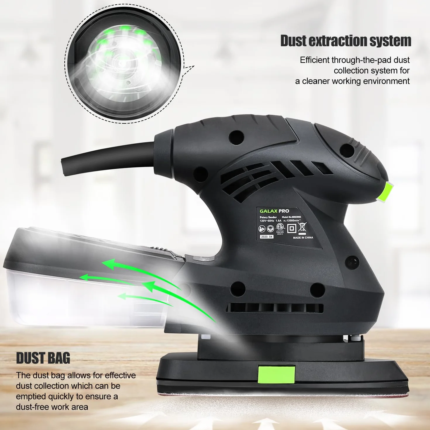 GALAX PRO Lijadora Madera 200W 12000 OPM,Lijadora Electrica Diseño Compacto con Contenedor de Polvo,lijadora orbital con 10 Hojas de Papel de Lija para Alisar Madera y Quitar Pintura