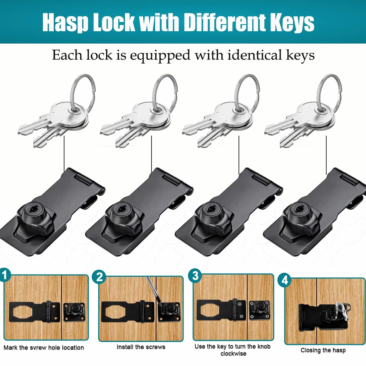 Cerradura de cerrojo de ángulo recto 90 grados con llave, cerrojo pequeño de seguridad para puerta, cobertizo (Black 2.5 Inch)