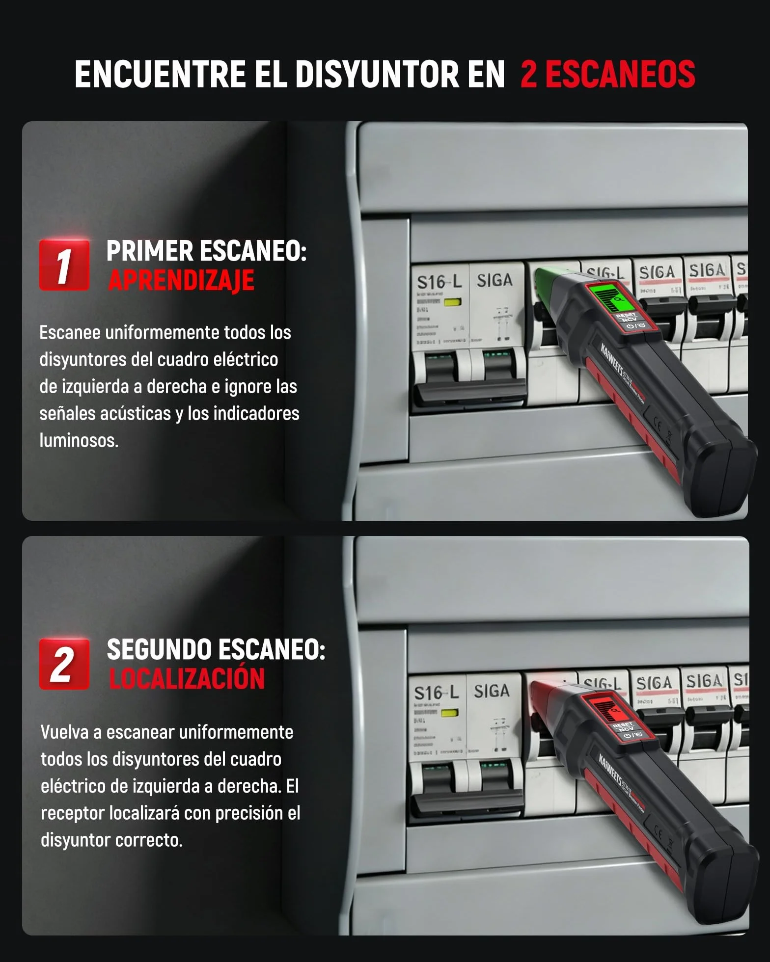 KAIWEETS Localizador de Disyuntores Pantalla LCD, Comprobador Enchufes Prueba RCD Verificación Cableado, Detector Cables NCV Linterna LED