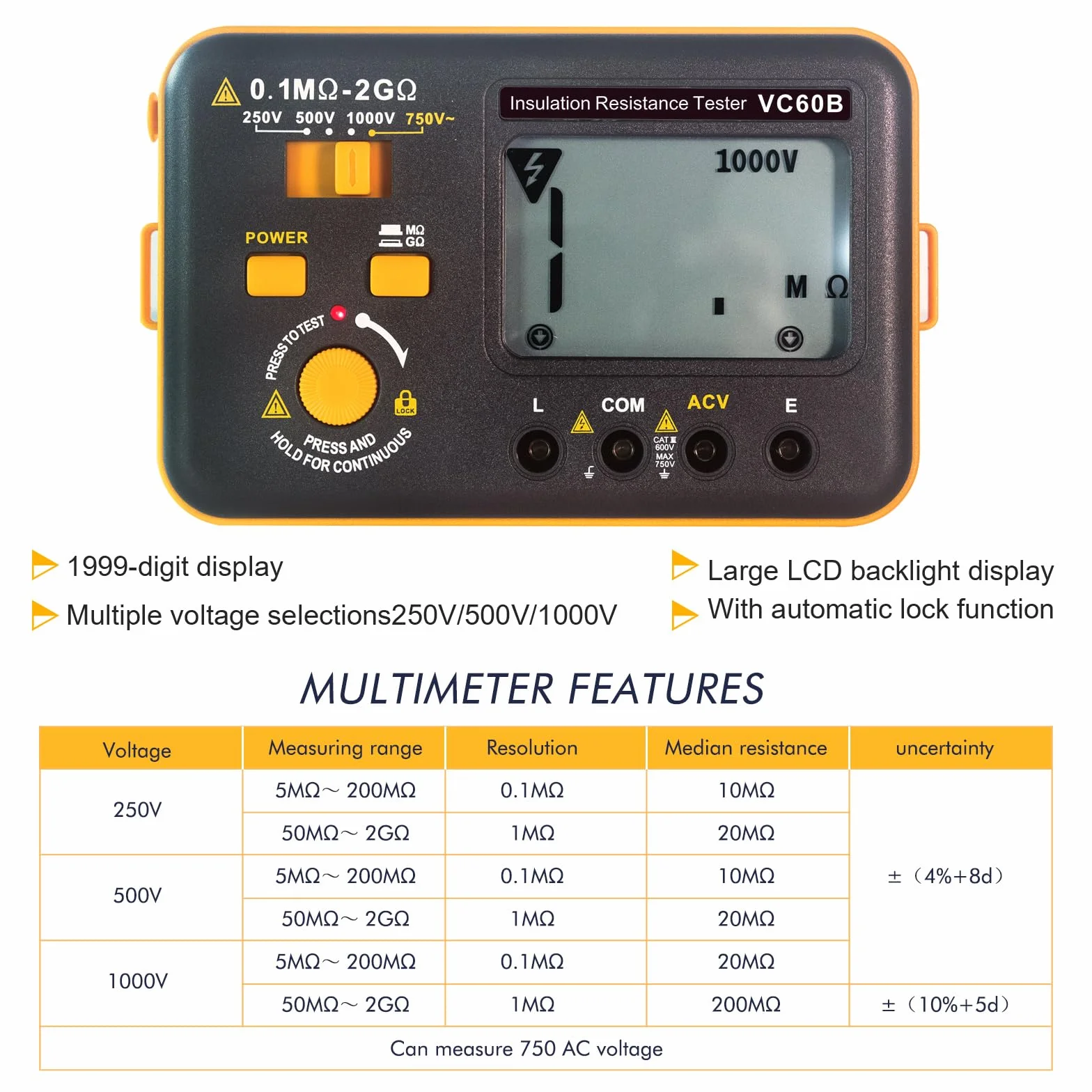 Megohmmeter Probador de Resistencia de Aislamiento 2GΩ Medición de Voltaje AC 750V Pantalla LCD