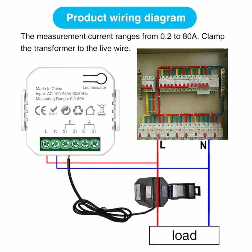 Medidor de Potencia Inteligente Tuya Wifi con Abrazadera para Transformador de Corriente, Medidor de Energía de 2 Canales 80A, Vatímetro para Hogar Inteligente