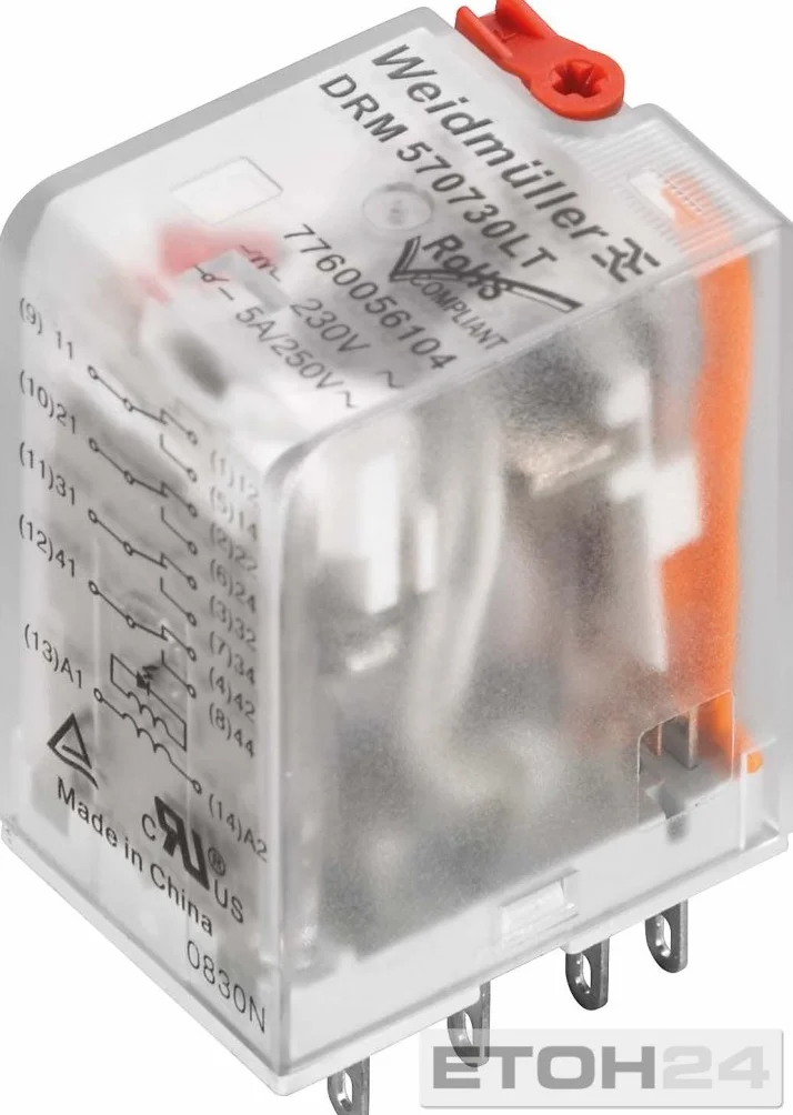 Weidmüller 7760056104 DRM570730LT Relé, 4 Contactos Conmutados, Con LED y Botón de Prueba, Caja de 20