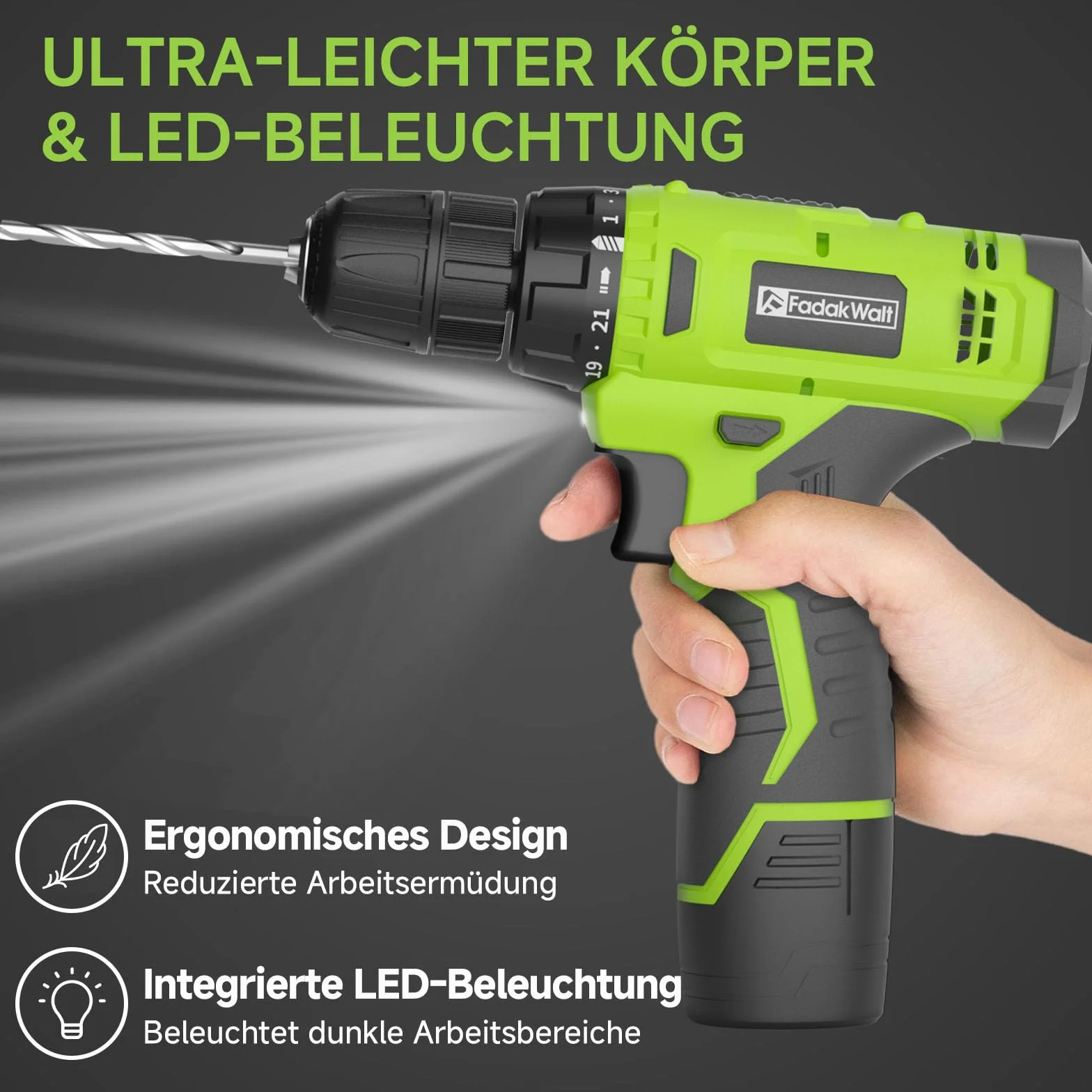 FADAKWALT Taladro Atornillador Batería 12V, Taladro Inalámbrico Juego de 50 Piezas, 19 Nm, 21+1 Ajustes de Par, Luz LED, Atornillador Bateria para Bricolaje en Casa y Jardín (Verde)