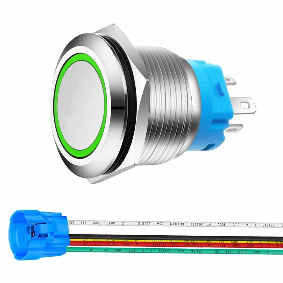 Gebildet 22mm Acero Inoxidable Pulsador Momentáneo 12V-24V 5A LED 1NO1NC SPDT Encendido/Apagado Impermeable con Enchufe de Cable (LED Verde)