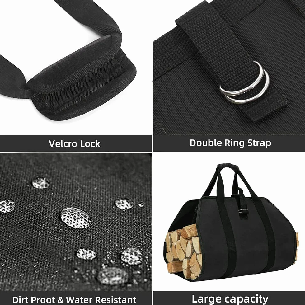 ZONSUSE Bolsa de Transporte para Leña de Lona, Bolsas de leña para Chimenea, Bolsa de Leña Almacenamiento Plegable, Accesorios para Estufa, para Interior y Exterior, Camping, Playa, Hoguera (Negro)