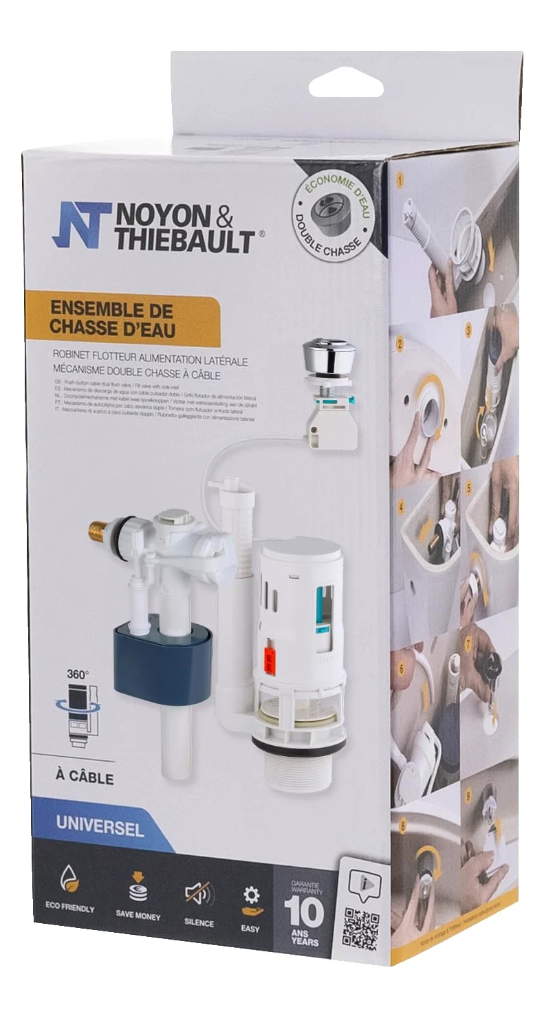 Conjunto de Descarga con Válvula Flotadora + Mecanismo de Inodoro con Cable y Botón Pulsador 3/6 L | Ahorro de Agua | Compatible con Cisternas | NOYON & THIEBAULT