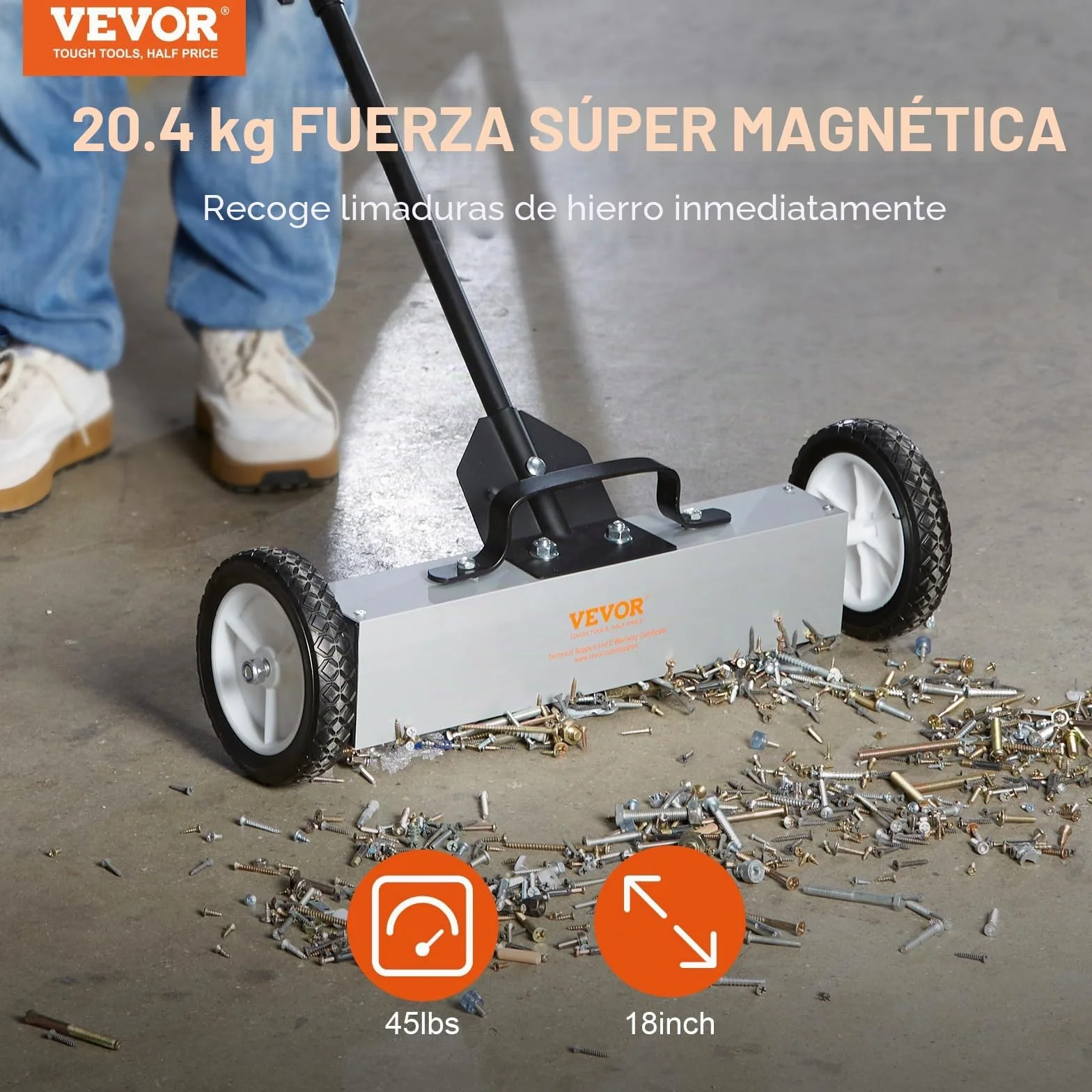 VEVOR Barredora Magnética Rodante 20,4 kg Escoba Magnética con Mango Telescópico 77-113 cm Barredora Magnética de Empuje 745 mm con Ruedas Imán con Mango Telescópico Limpieza Fácil de Taller Garaje
