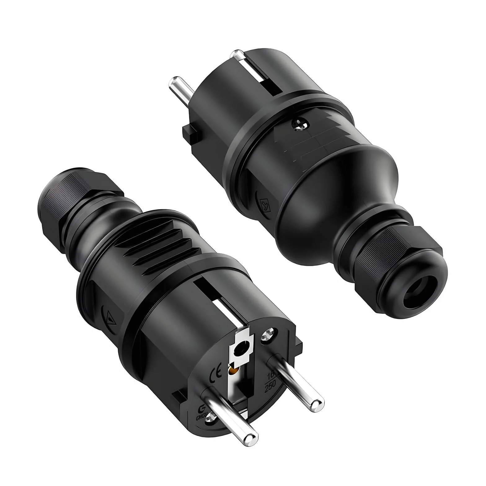 Enchufe de Schuko 250V 16A, Contacto Protector con Protección de Torsión, Clavija Macho, Negro