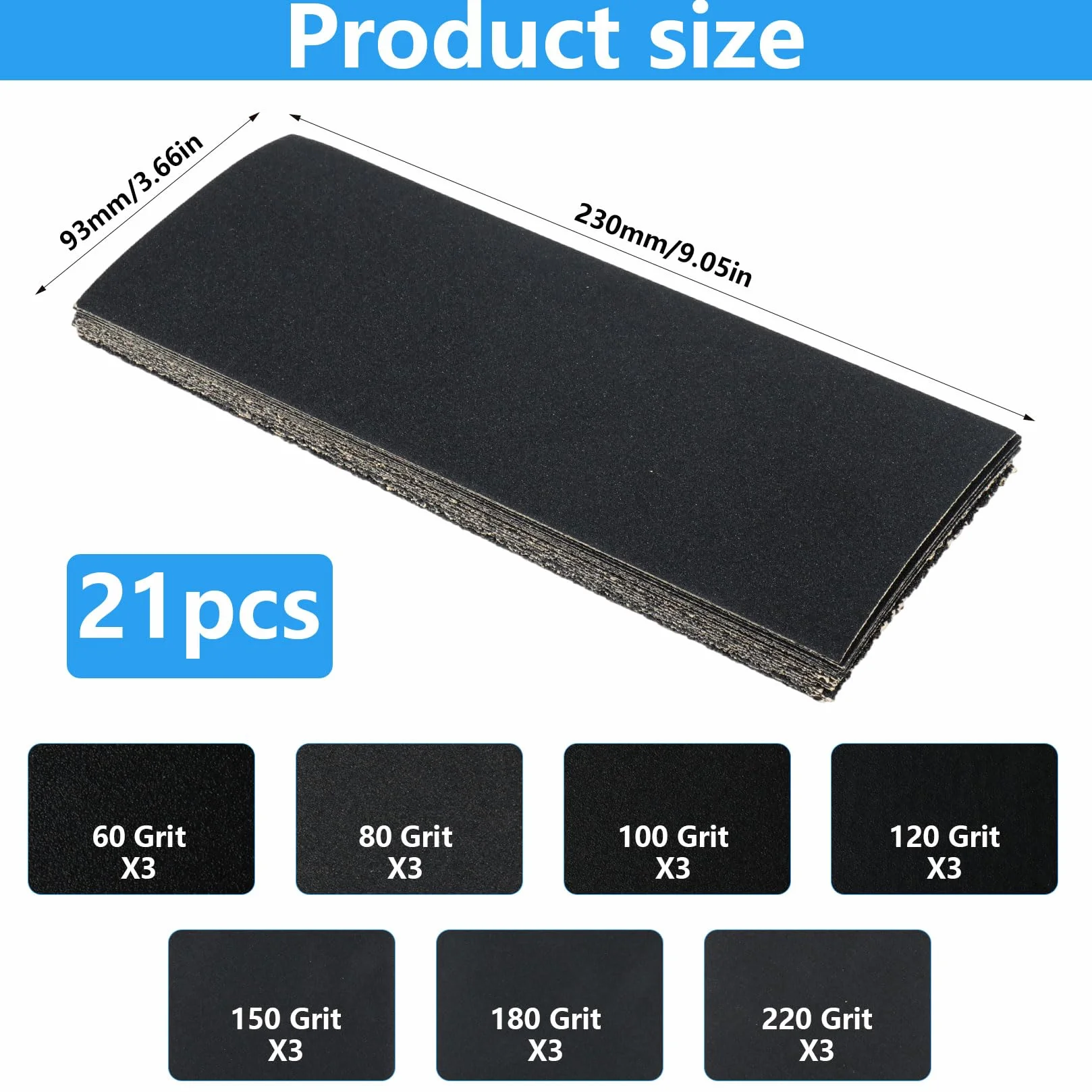 21 Pcs Papel Lija Madera, Sandpaper Grano 60 a 220, Papel de Lija para Madera, paredes, vidrio, plástico y automóviles (23 x 9,3 cm)