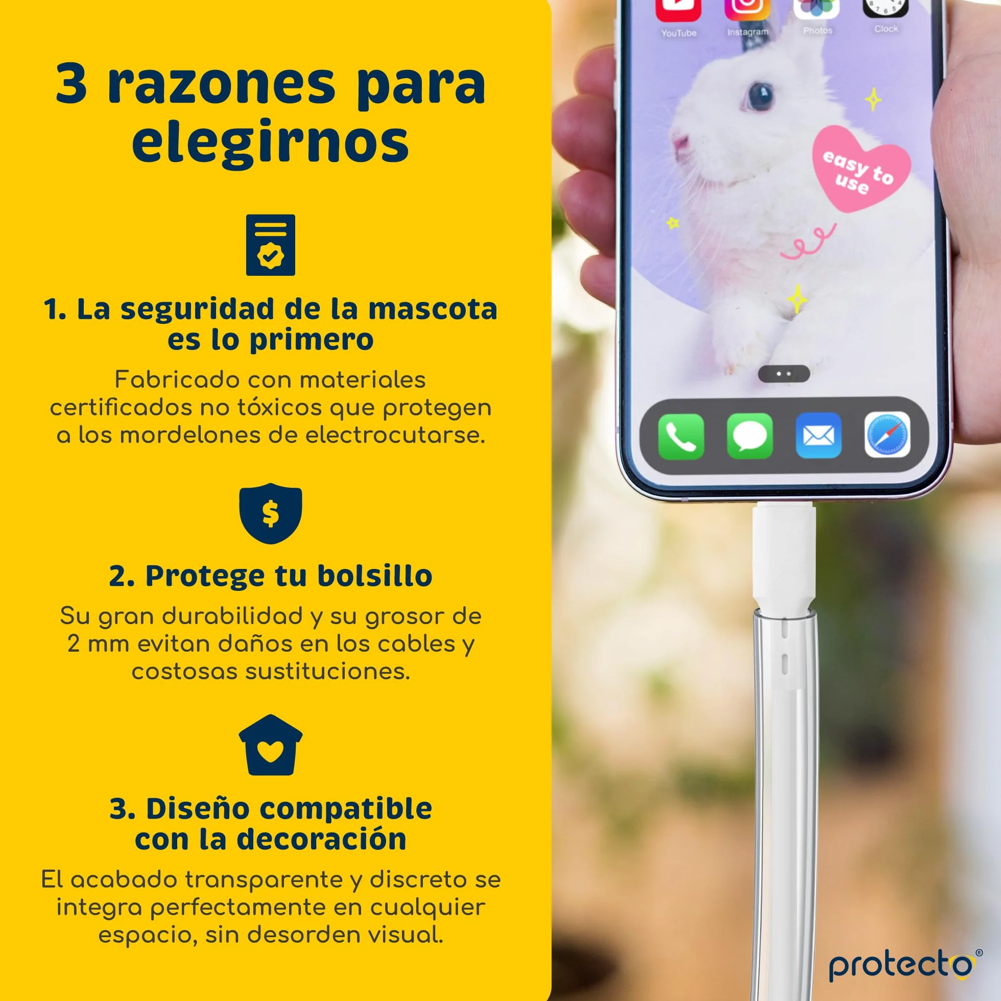 PROTECTO Pack de 2 Fundas Protectora de Cables para Mascotas – 2,15 m/Ø 5 mm – Ultra Resistente, Transparente, Flexible, Inodora, Anti-Mordeduras – para Cables Eléctricos, USB, Lightning, RCA y HDMI