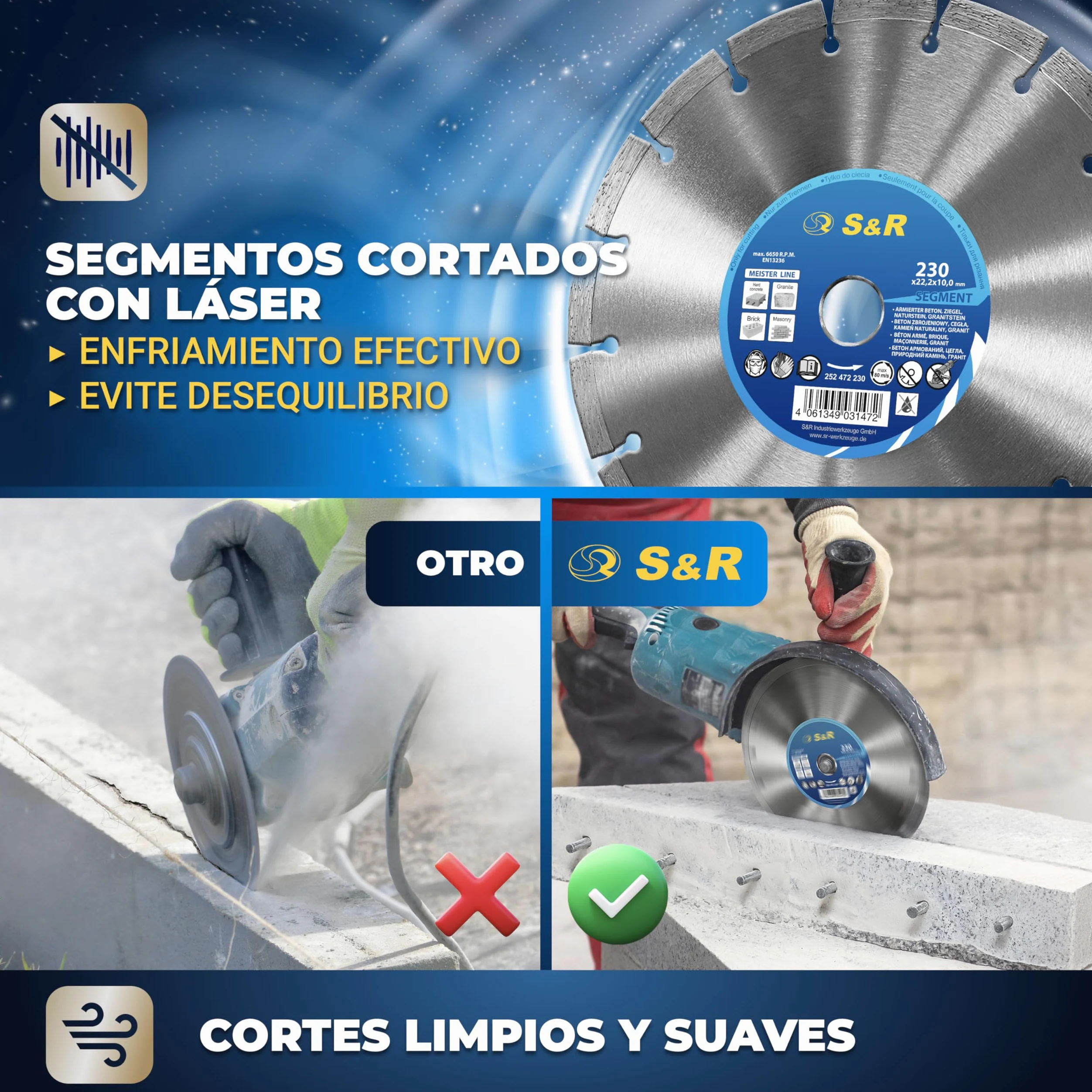 S&R Disco corte de Diamante 230 x 22,2 x 10 2,6 mm para Hormigón, Hormigón armado, Granito, Piedra natural, Ladrillo