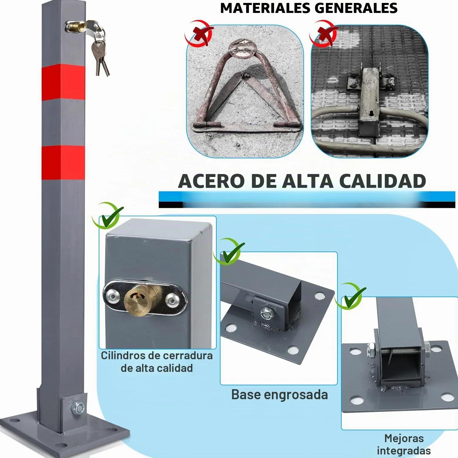 Sonnewelt 1 poste de aparcamiento con 3 cierres, bloqueo de aparcamiento con tiras reflectantes, postes de barrera plegables, acero robusto, soporte estable para parque
