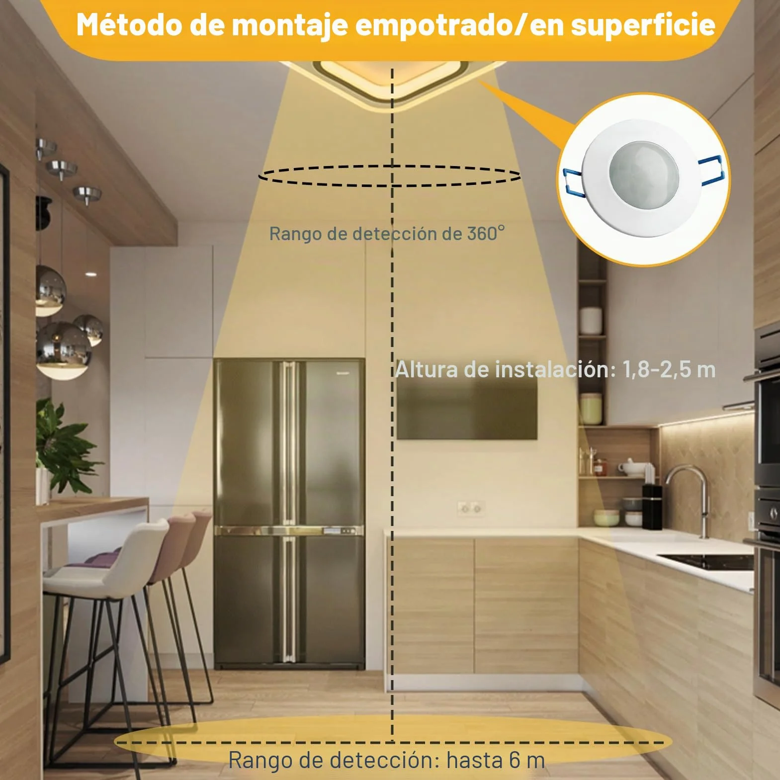 Detector de Movimiento Interior Empotrado Techo 360° 230V Sensor Presencia Ajustable 10s–30min para Lámparas LED