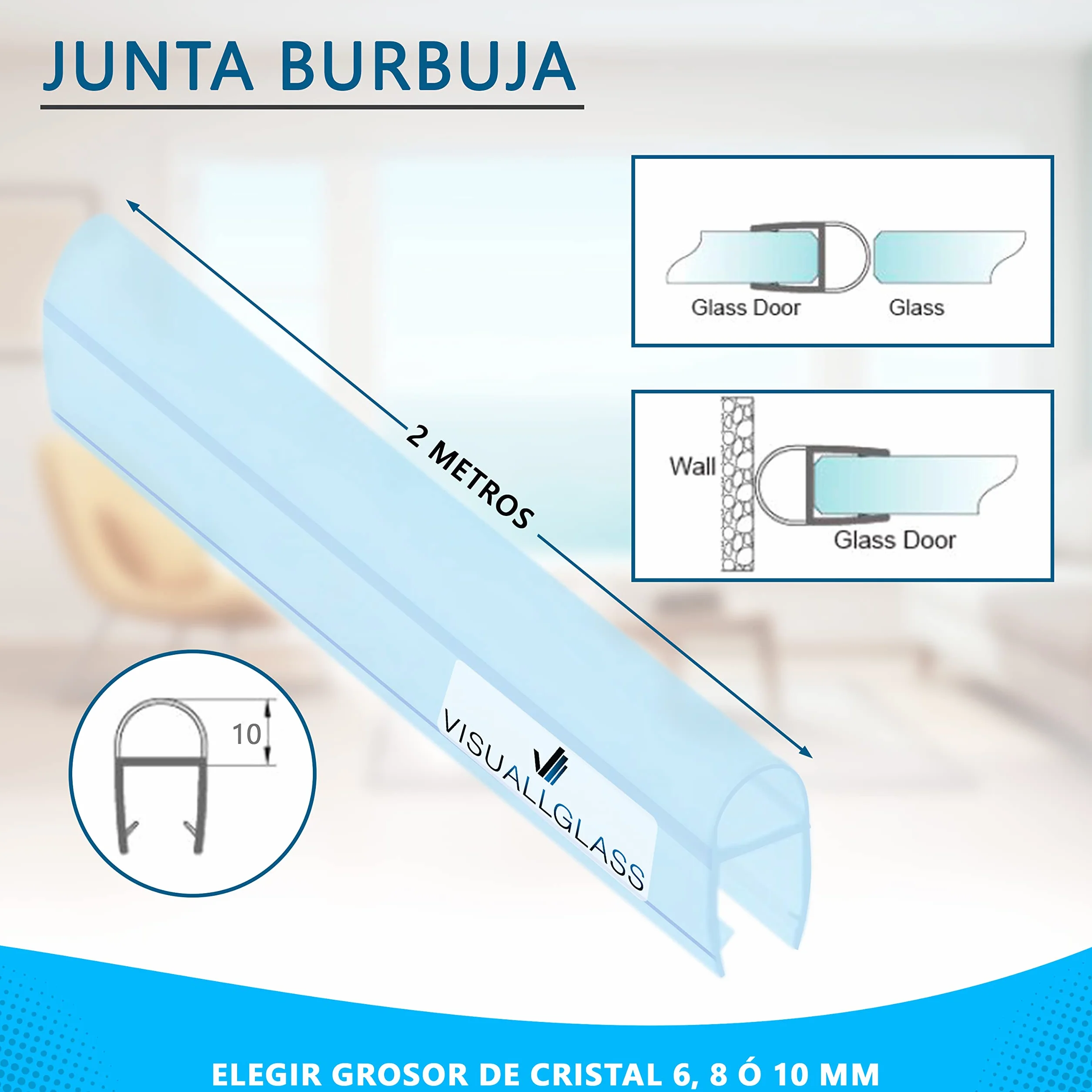 VisuAllglass - Junta para cortina de cristal, Repuesto universal transparente de 2 m. Para cristales de 6-8-10 mm. Válido en perfil de ducha - mamparas tipo corredera y plegable. (Junta burbuja 10 mm)
