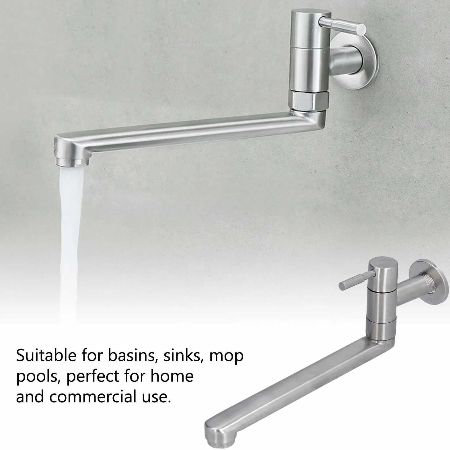 Grifo de Baño y Cocina de Pared G1/2 - Acero Inoxidable, Montado en la Pared, 360° Caño Giratorio Alargado para Lavabos, Fregaderos, Piscinas y Balcón