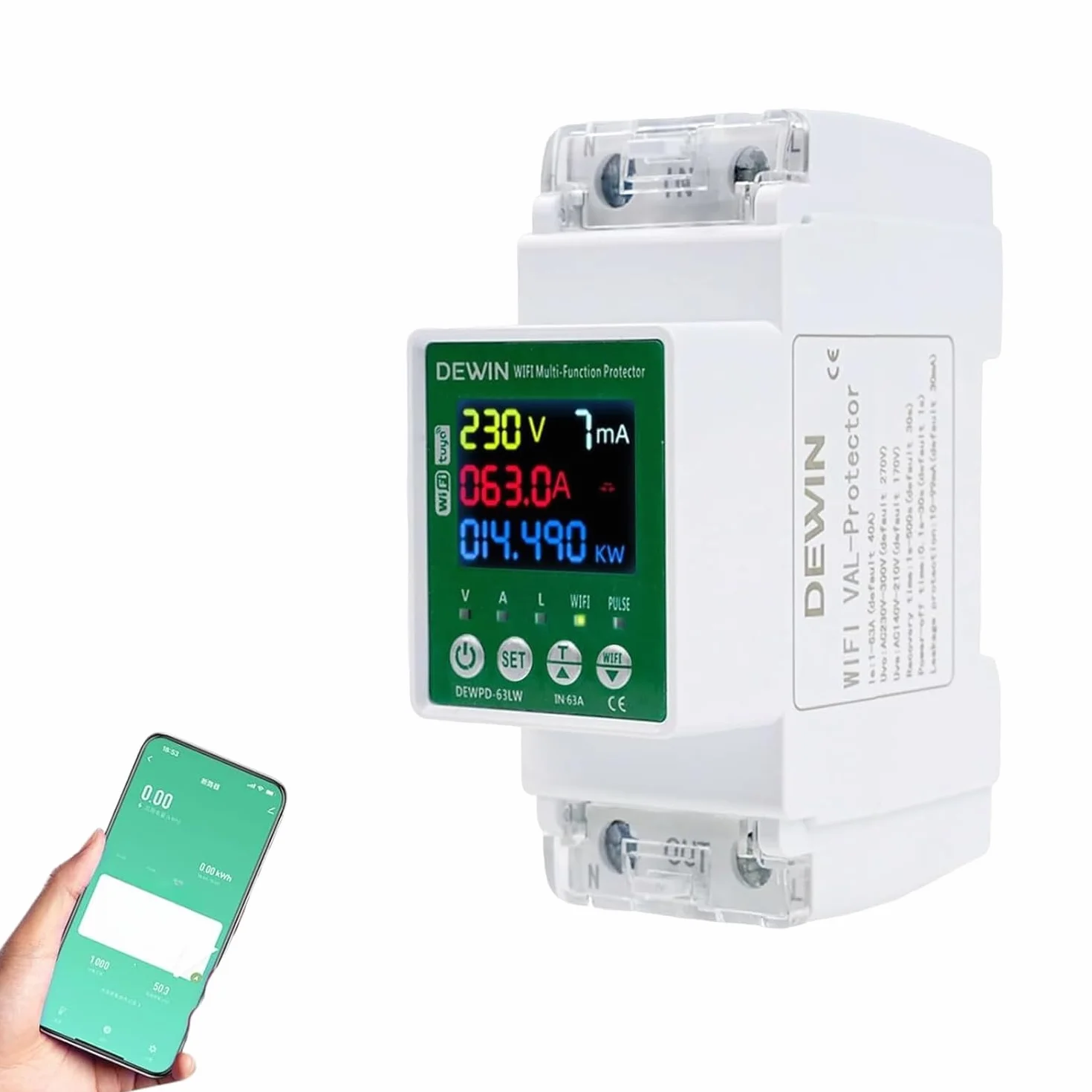 WiFi Medidor de Consumo Electrico Monofásico, Contador Electrico Digital 230V CA 63A Medidor de Energía con Control Remoto Tuya APP y Protección contra Sobretensión/Subtensión/Sobrecorriente