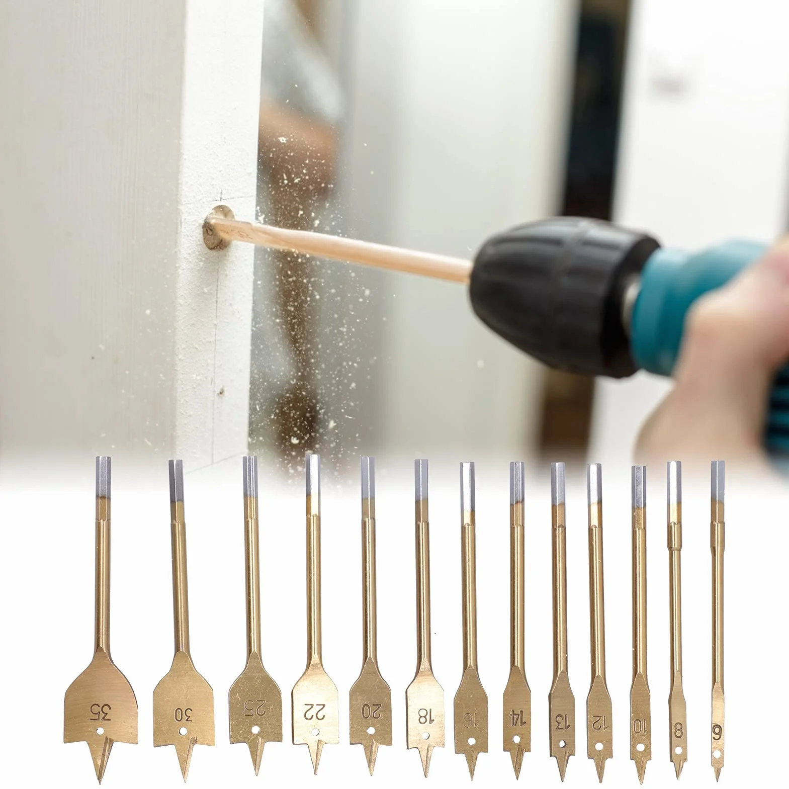 13 piezas de brocas de pala, broca plana de paleta de acero al carbono con revestimiento de titanio de 6-35 MM, juego de brocas de pala de acero al carbono para cortador de agujeros para carpintería