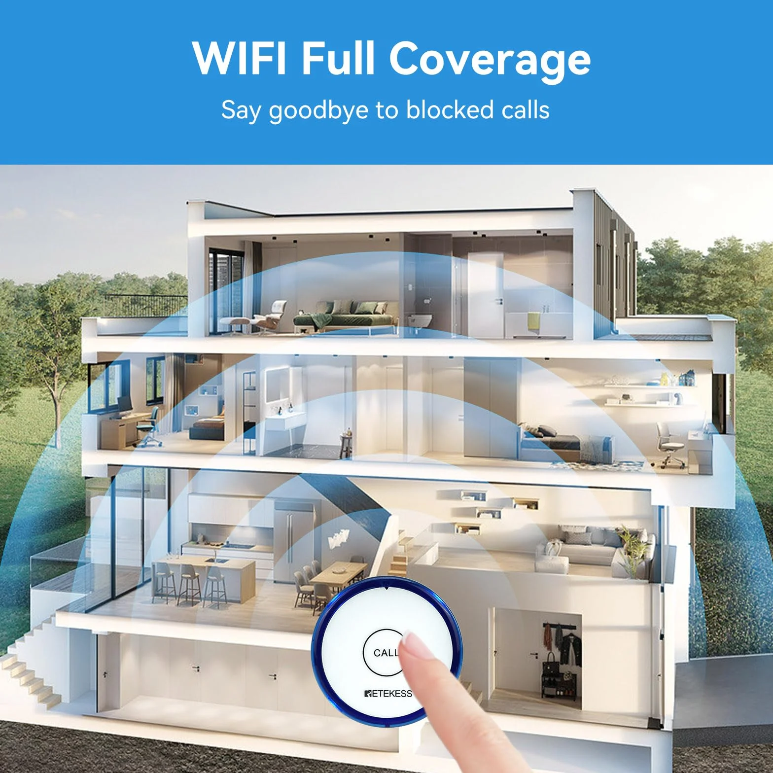 Retekess TH012 Botón de Llamada SOS Inteligente WiFi, Buscapersonas para Cuidadores, 2 Meses de Tiempo de Espera,1 Botón de Llamada para Personas Mayores, Pacientes Discapacitados