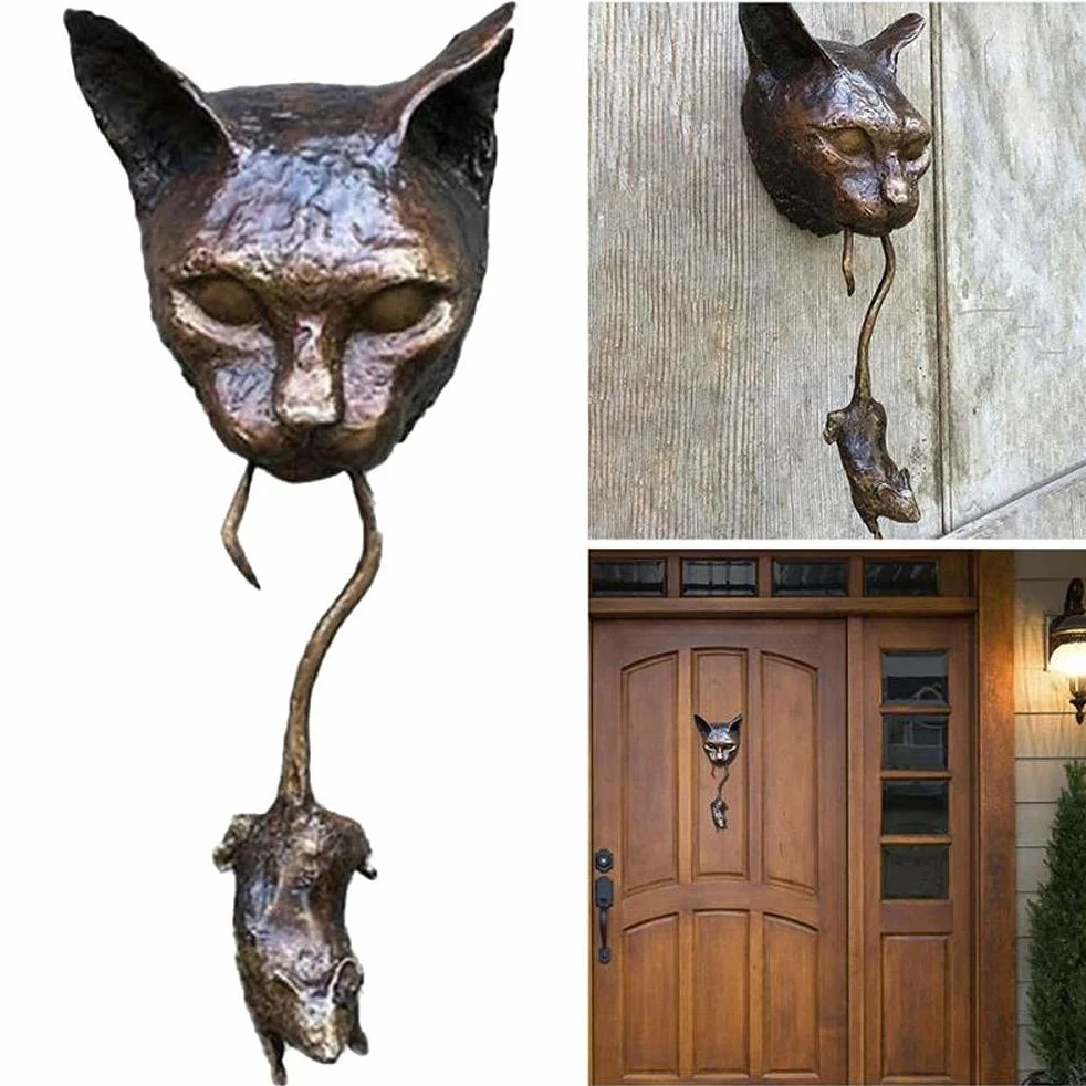 HUSHUI Aldaba de Puerta, aldaba de Puerta de Gato Escultura Gato atrapar ratón Escultura de Pared Colgante de Resina para Patio Sala de Estar