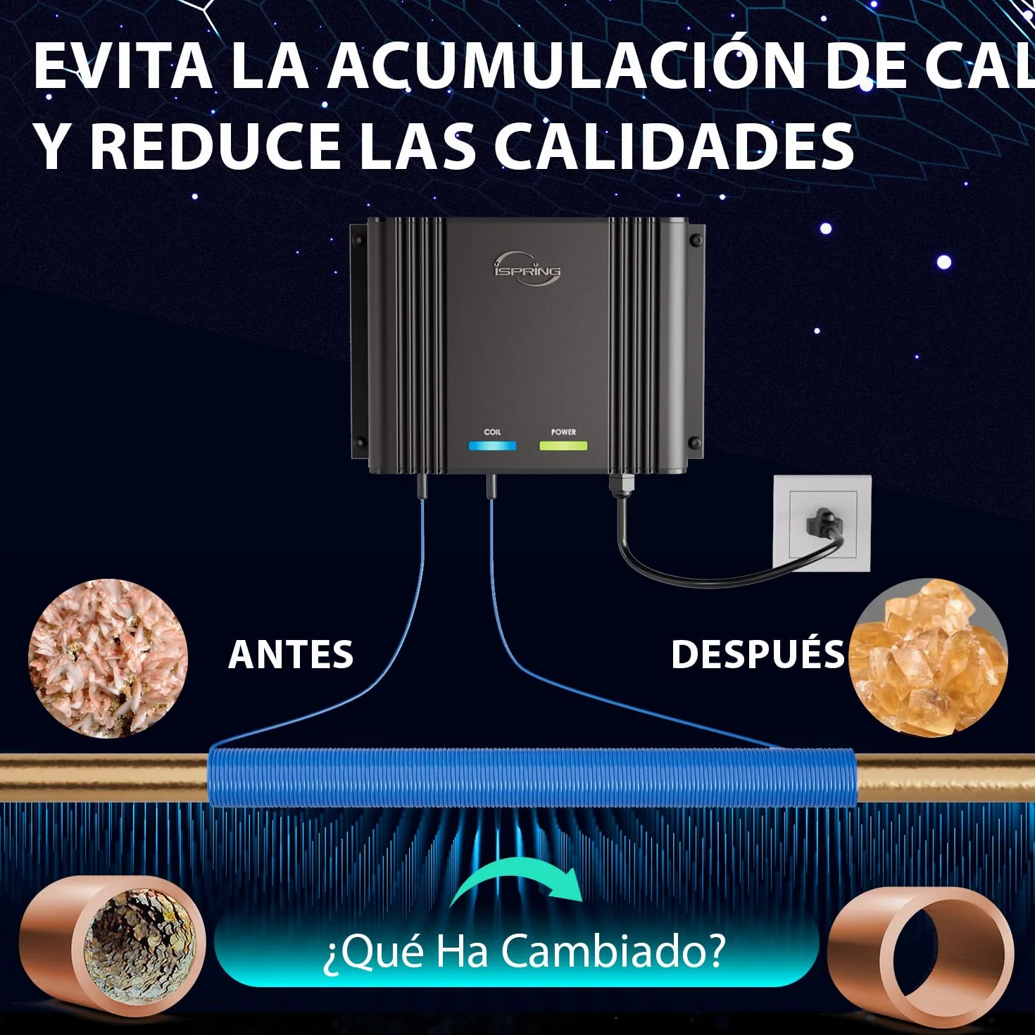iSpring EDV2 Descalcificador de Agua para Toda la Casa, Alternativa Electrónica Sin Sal, Aleación, Reduce Cal