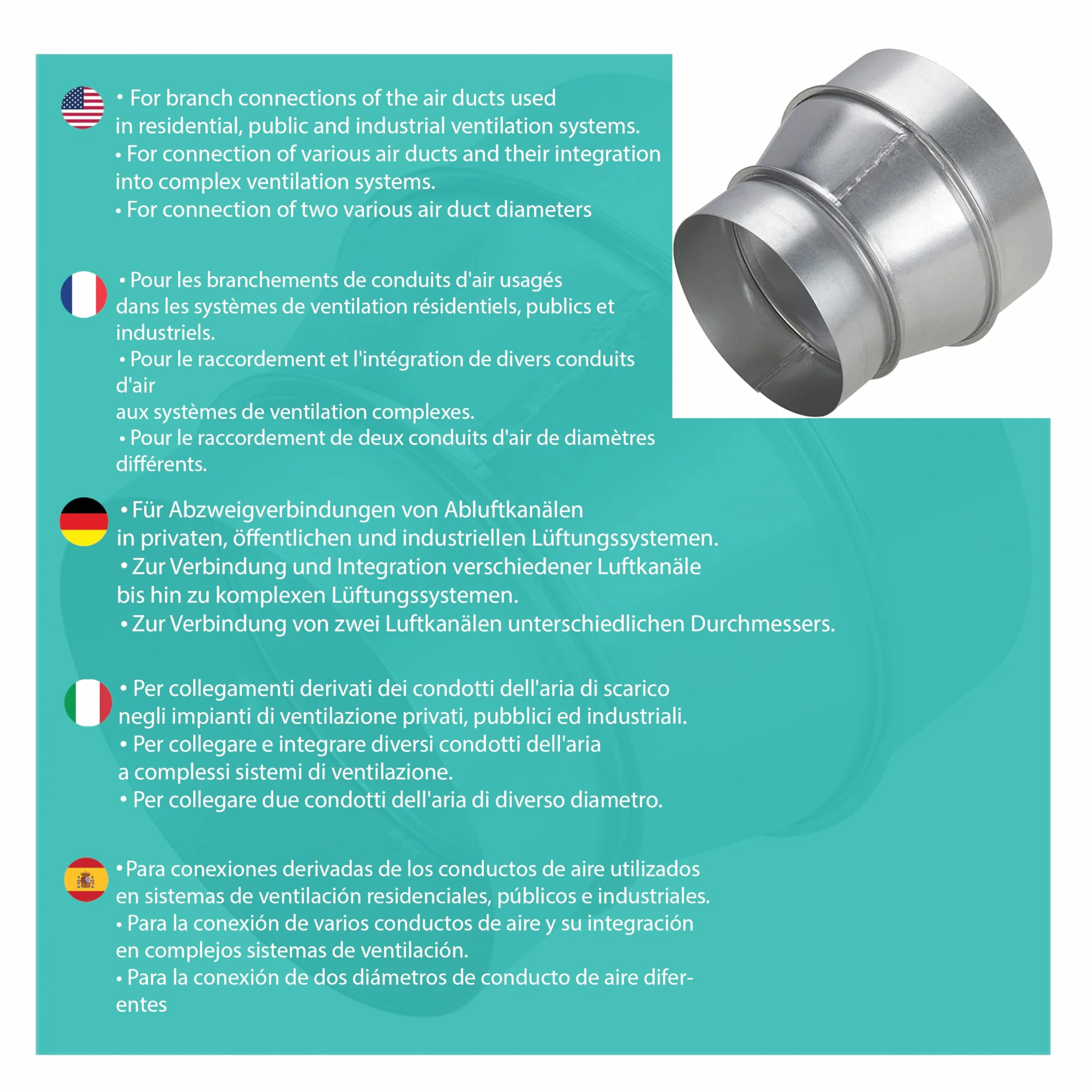 RA-200/250 mm Reductor de Conducto en Acero Galvanizado,Resistente a la Corrosión,Ideal para Ventilación,Calefacción,Drenaje,Evacuación,Climatización. Rendimiento Duradero.