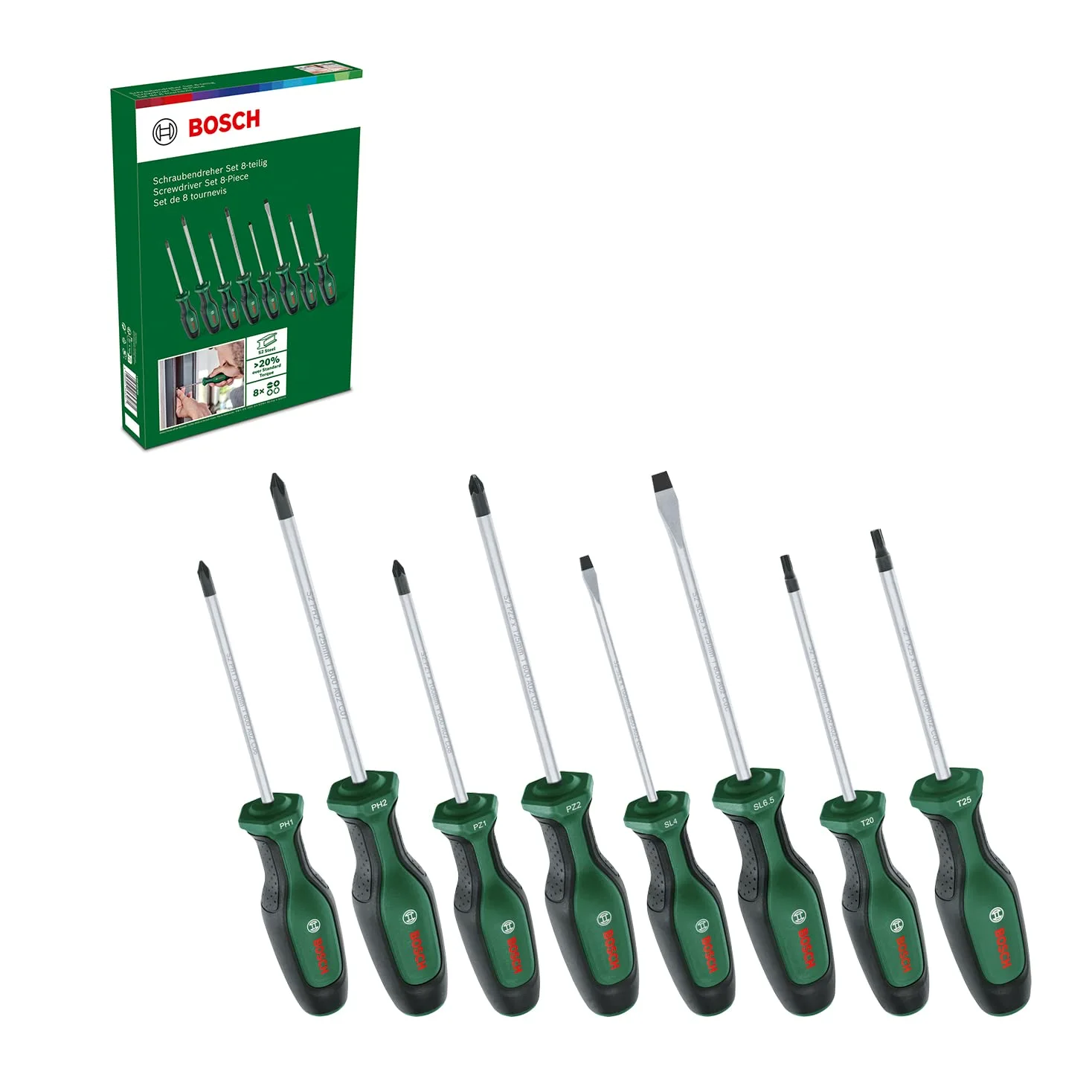 Bosch Juego de destornilladores, 8 piezas (8 destornilladores de alto rendimiento para bricolaje; acero S2; empuñadura suave; punta magnética)