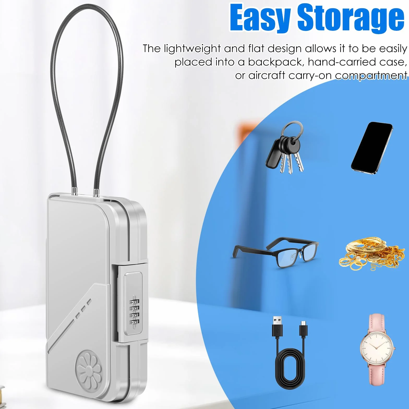 Caja fuerte portátil impermeable con cerradura de combinación de 4 dígitos, resistente a cortes y golpes, cuerda de alambre de 7 mm