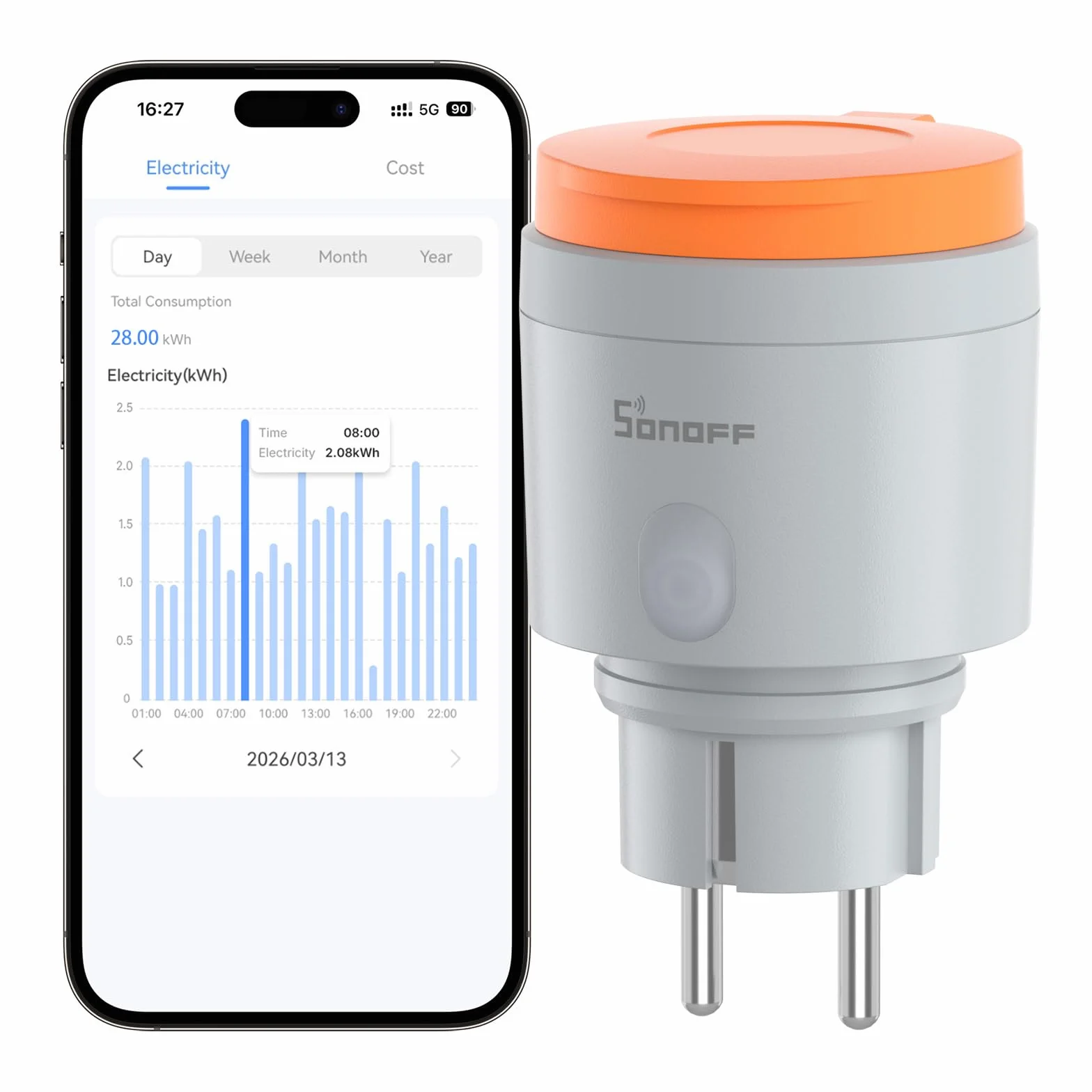 SONOFF S61s Outdoor (Schuko) – Enchufe inteligente para exteriores, IP44, compatible con Matter, Wi-Fi 2,4 GHz,16 A, 3840 W, monitoreo de energía, funciona con Alexa, Google Home, Home Assistant