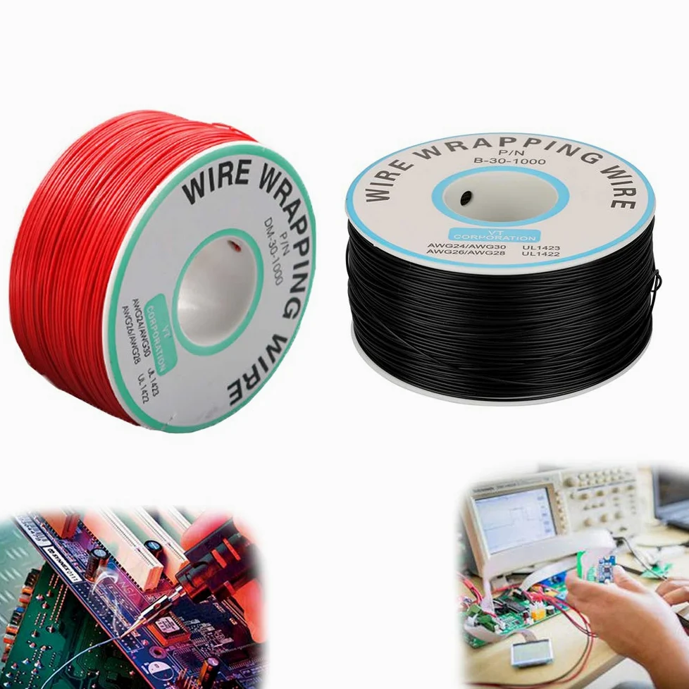 Cable Electrónico 30 AWG, 250 Mts (820 Pies) Rollo, Diámetro Núcleo 0,25mm (0,01 pulg.), Hilo Cobre para Soldadura PCB (Negro, Rojo, 250m/Rol, 2 Rollos)