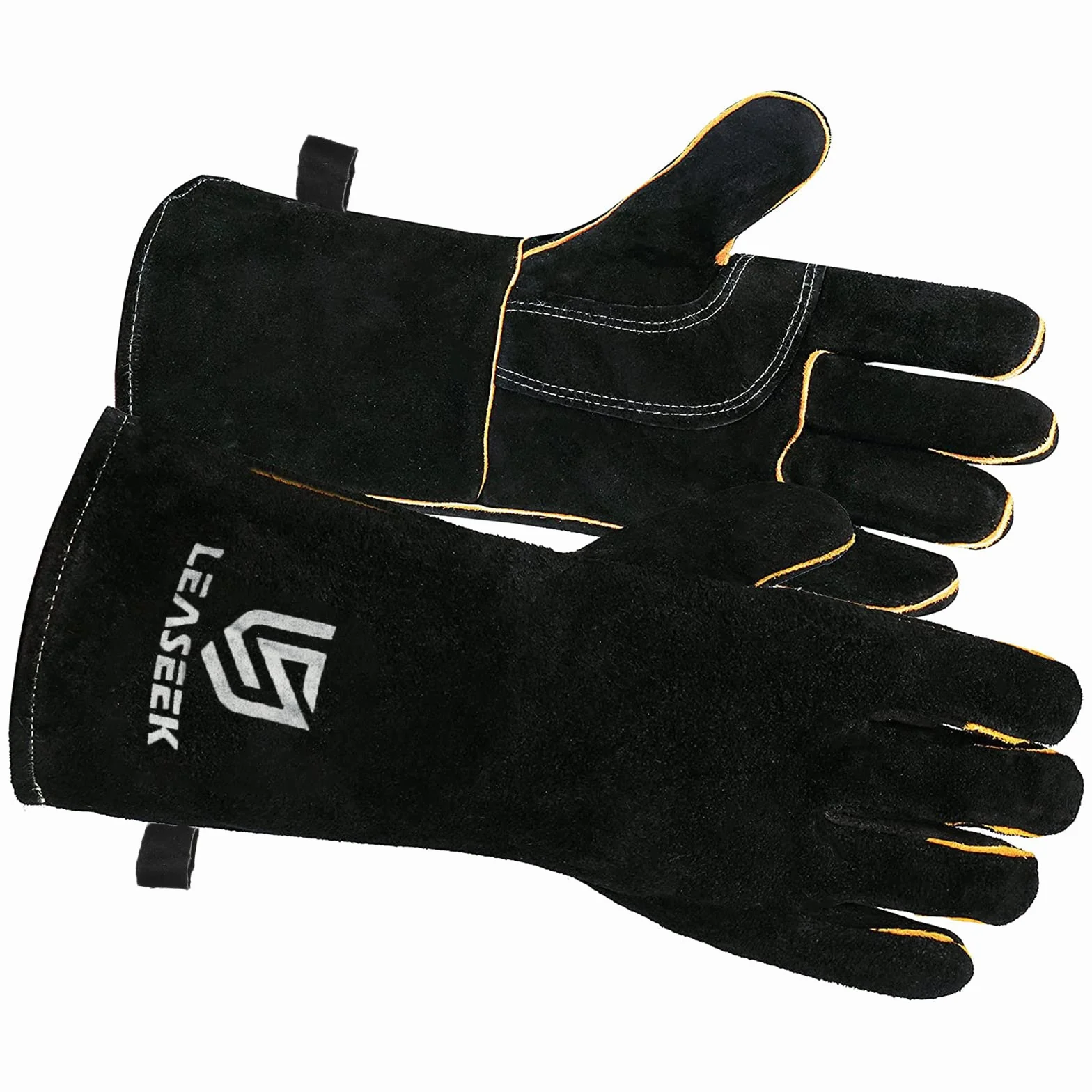 LeaSeek Guantes de Soldadura,Guantes de cuero resistentes para barbacoas (parrillas), soldadura y chimeneas. Resistentes al calor e ignífugos (14-inch, Negro)