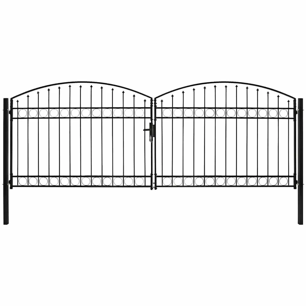 vidaXL Fence Gate Double Door with Arched Top Outdoor Garden Patio Yard Lockable Durable Stable Entryway Fencing Barrier Door Steel 400x150cm Black