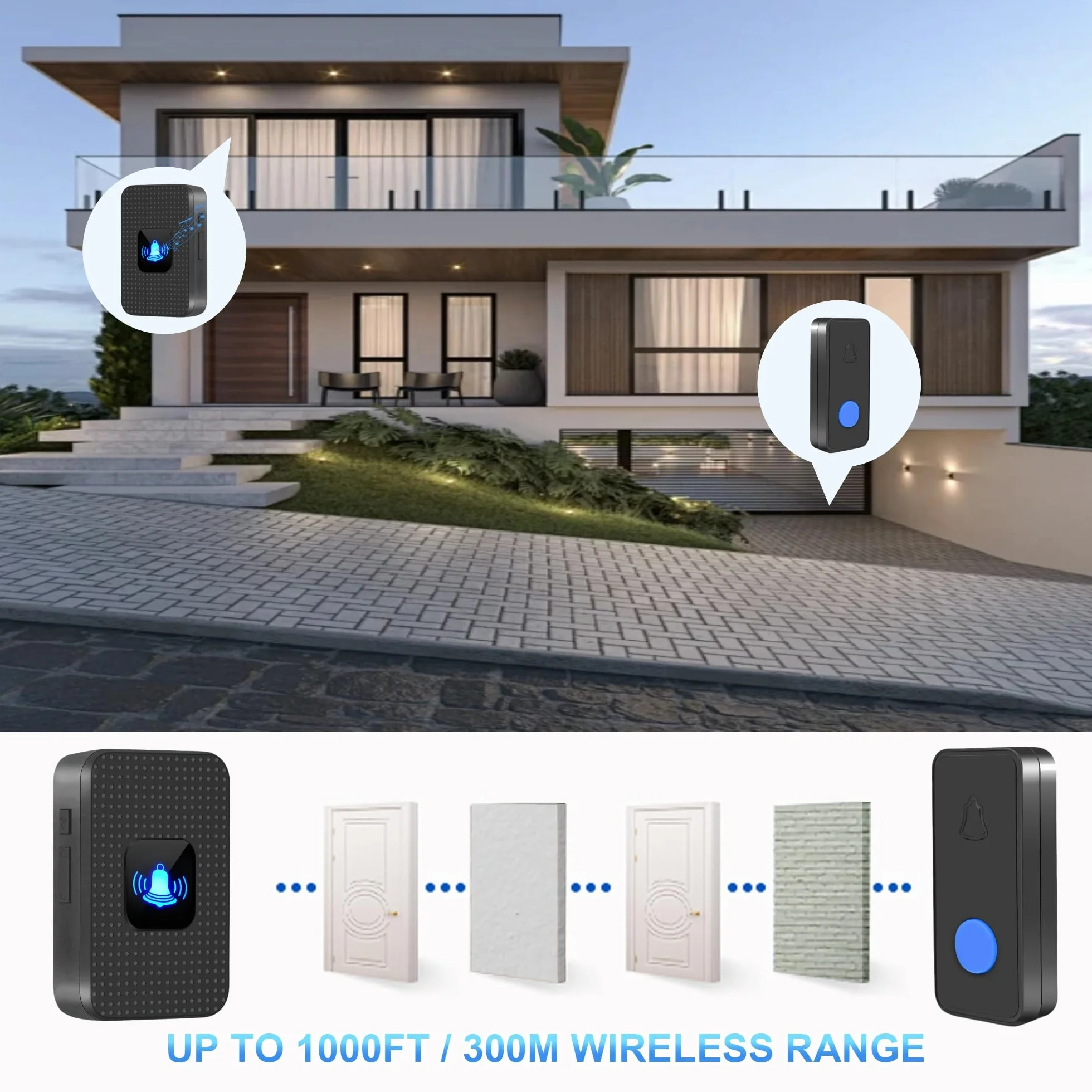 Timbre Inalámbrico Exterior Impermeable IP55, 1 Transmisor 1 Receptor, Rango 1000 pies, 55 Melodías, Negro